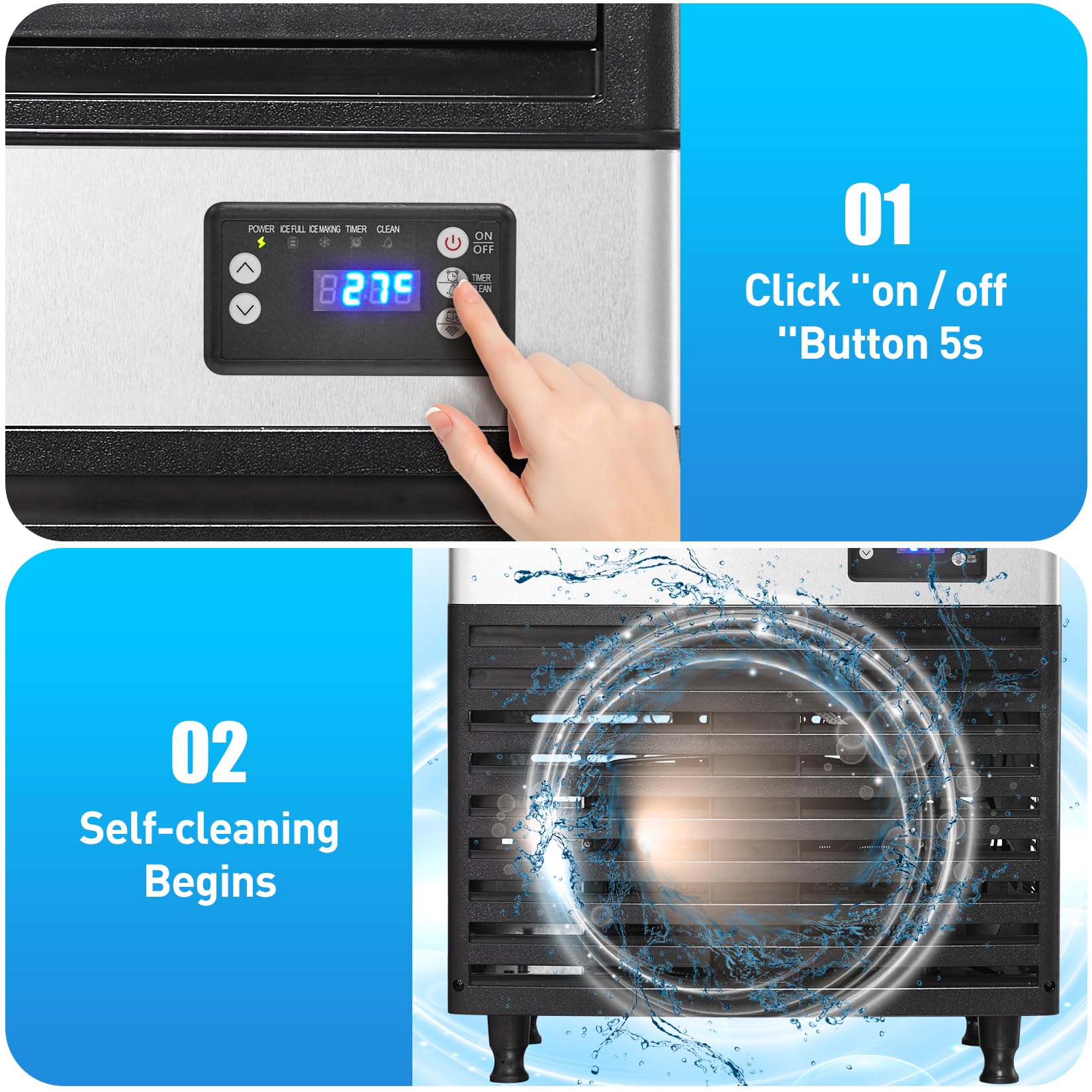Commercial Ice Maker Machine 130Lbs/24H with 27Lbs Storage Bin - 0.9 Inch Thick Ice Cube Maker with Auto Cleaning - Perfect for Home Bars, Hotels, Restaurants & Outdoor Parties