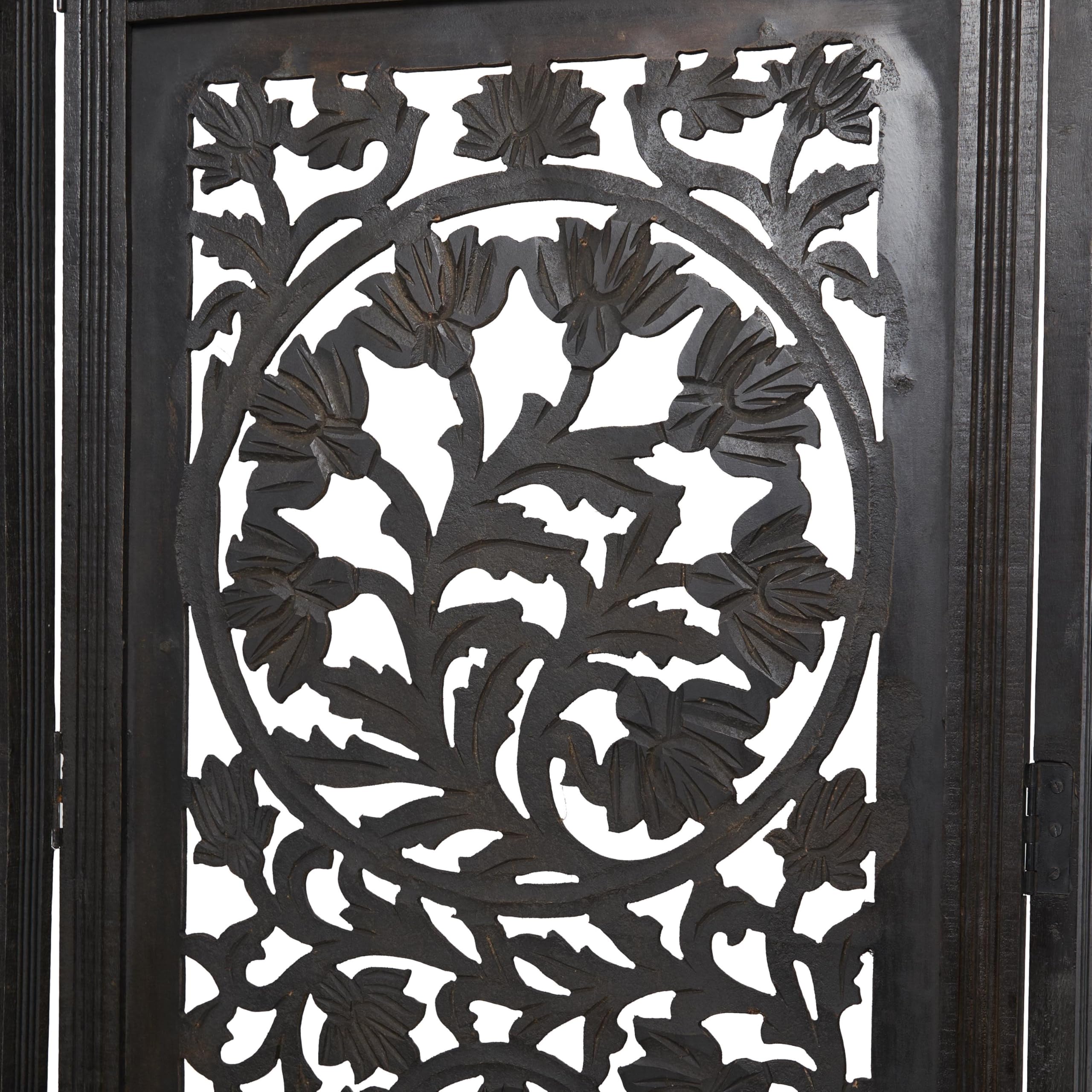 Deco 79 Handmade Wood Floral Room Divider Screen - 4 Panel Foldable Privacy Partition with Carved Design, 80