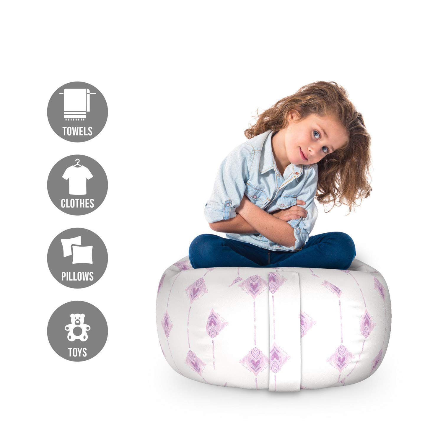 Ambesonne Bohemian Storage Toy Bag Chair - Traditional Inspired Oriental Design, Washable Stuffed Animal Organizer, Small Size in Pale Purple & Mauve - Perfect for Kids' Room, Nursery, or Playroom Organization