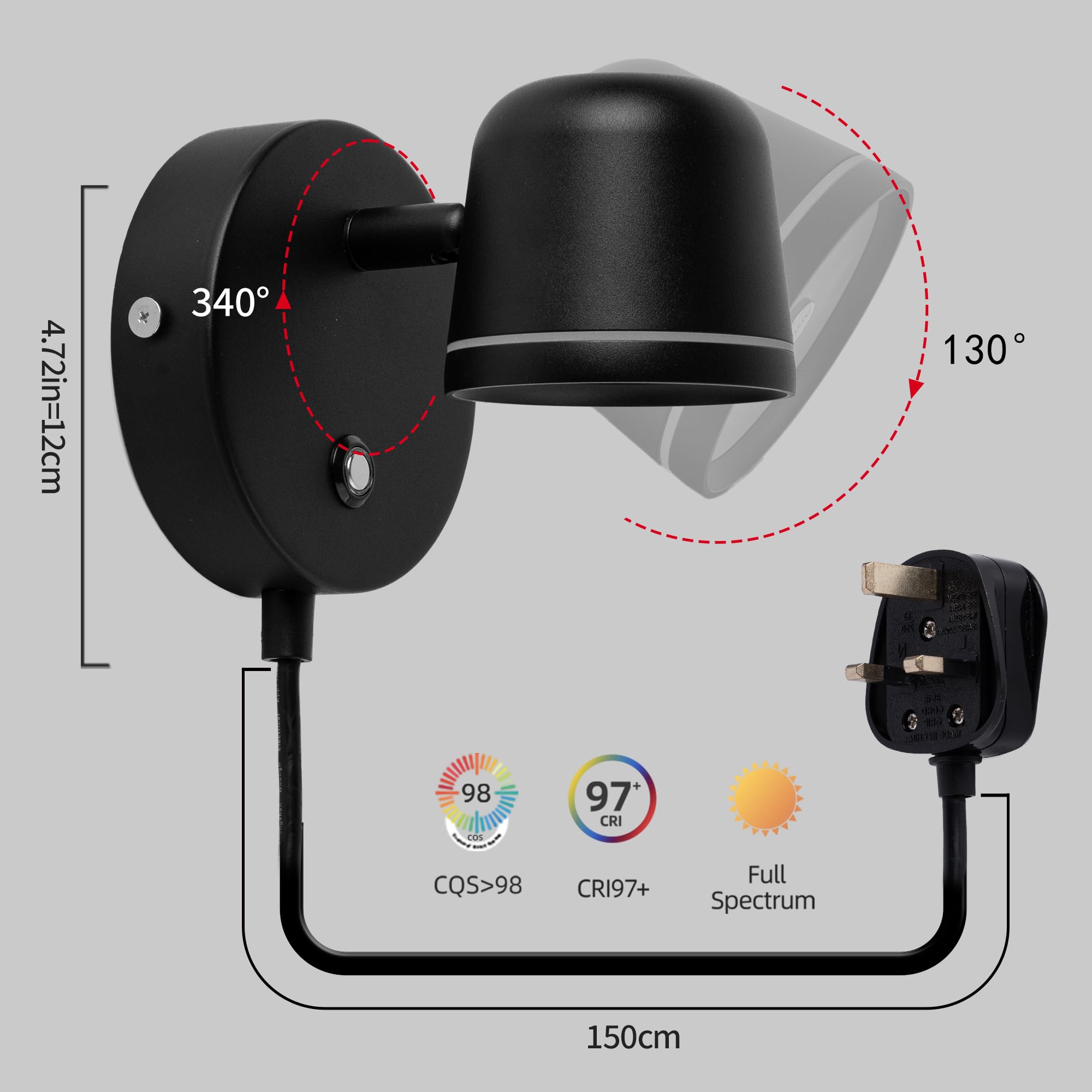 Aisilan Plug in Wall Light - Black Adjustable LED Wall Sconce with Touch Switch, Dimmable Bedside Lamp for Bedroom, Living Room, Hallway - Perfect for Reading, Night Light & Home Decor