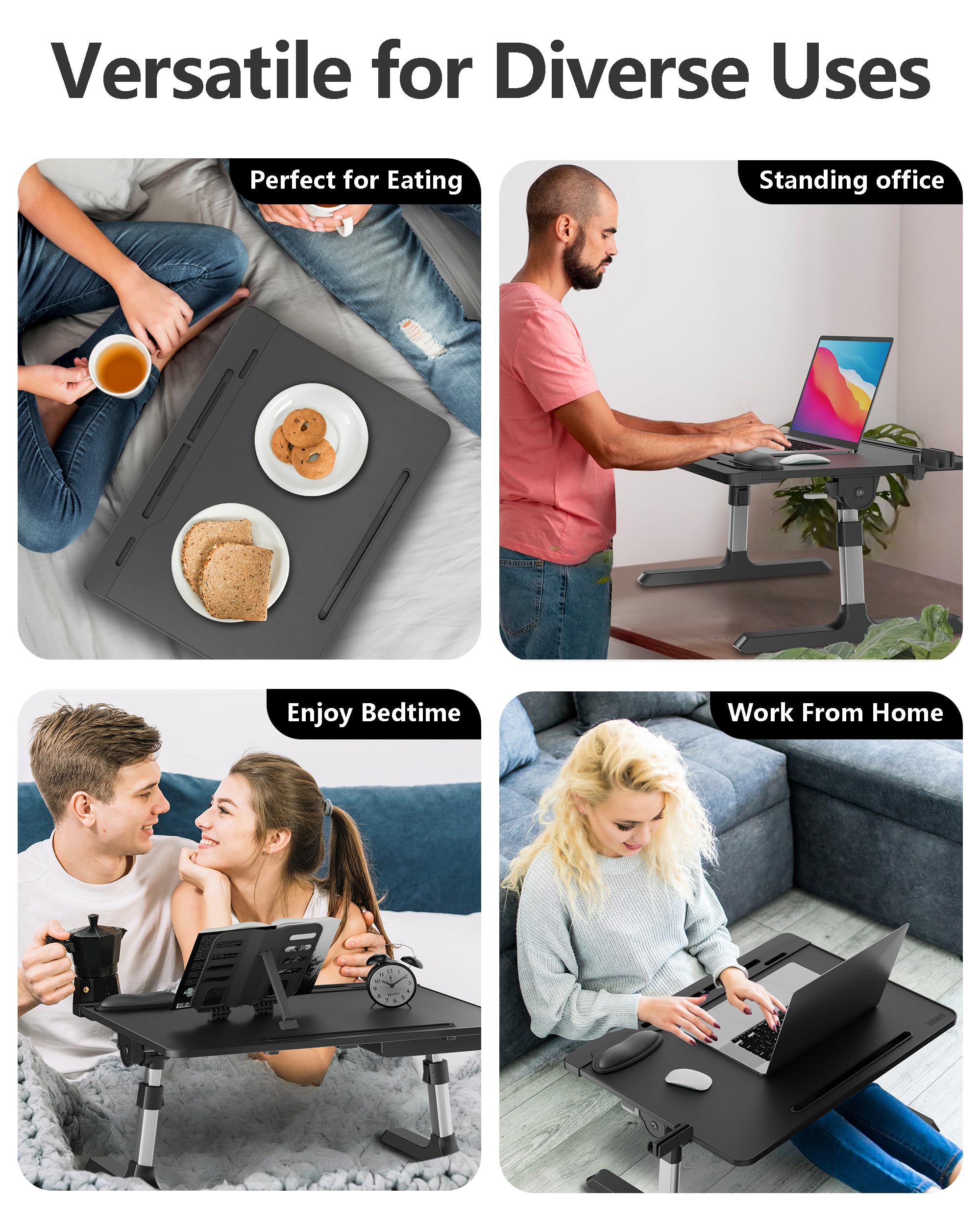 Adjustable Laptop Desk for Bed - XL Portable Laptop Table with Book Stand, Drawer, Wrist Cushion & Phone Holder - Perfect for Working, Studying, Writing & Eating in Bed or Sofa - Black