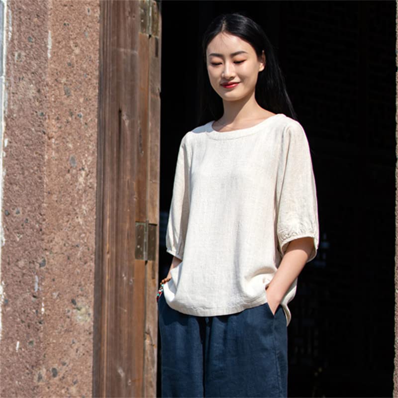 Shanghai Story Women's Vintage O-Neck Blouse - Cotton Linen Half Sleeve Chinese Style T-Shirt Top for Casual Wear, Office & Summer Outfits