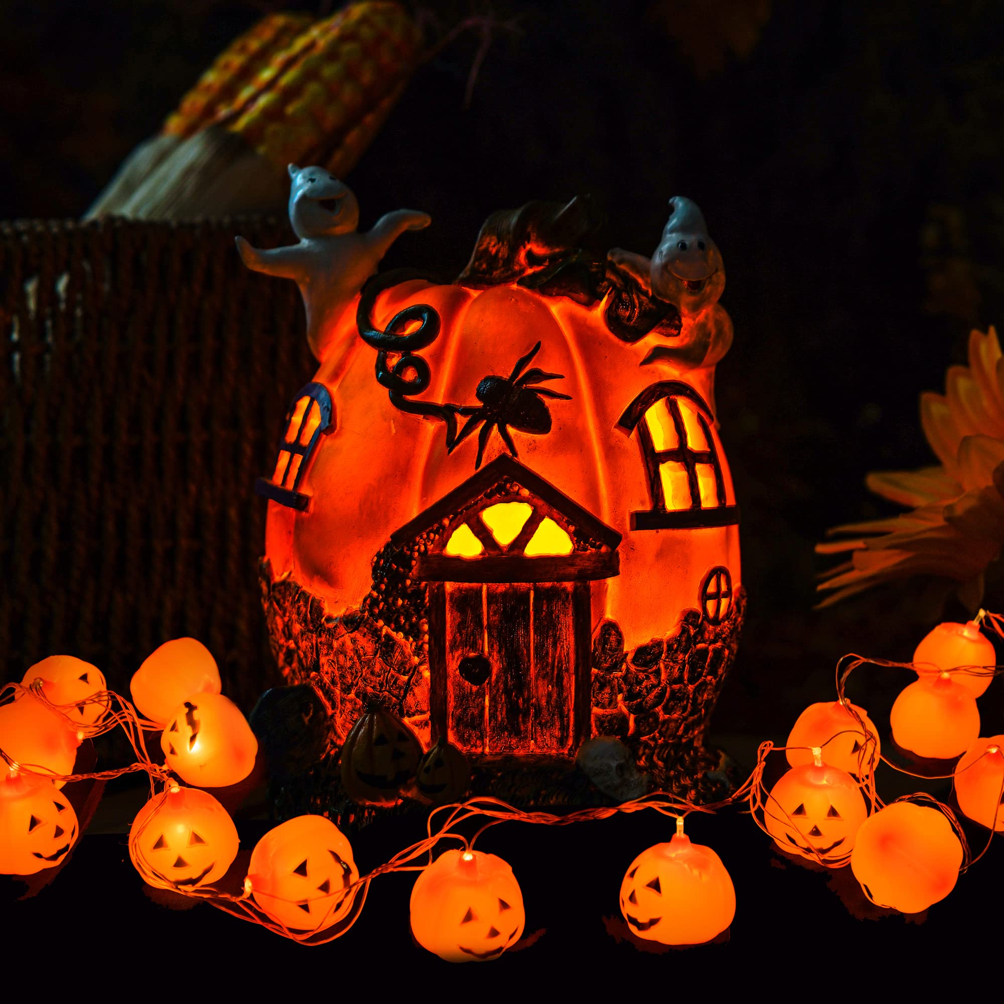 Topadorn Halloween Pumpkin House Figurine with Ghost - Spooky LED Lighted Haunted House Decor for Table, Garden, Yard - Perfect for Halloween Party, Home Decoration & Outdoor Scary Display