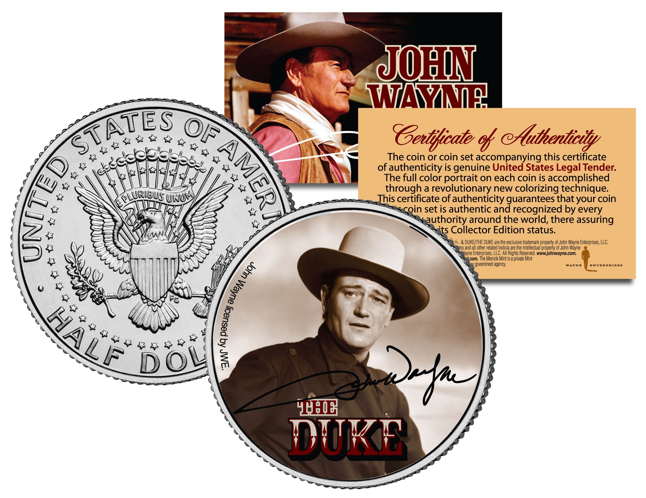 Officially Licensed John Wayne 'Young Wayne' JFK Kennedy Half Dollar US Coin - Collectible Gift for Coin Enthusiasts & Patriotic Decor