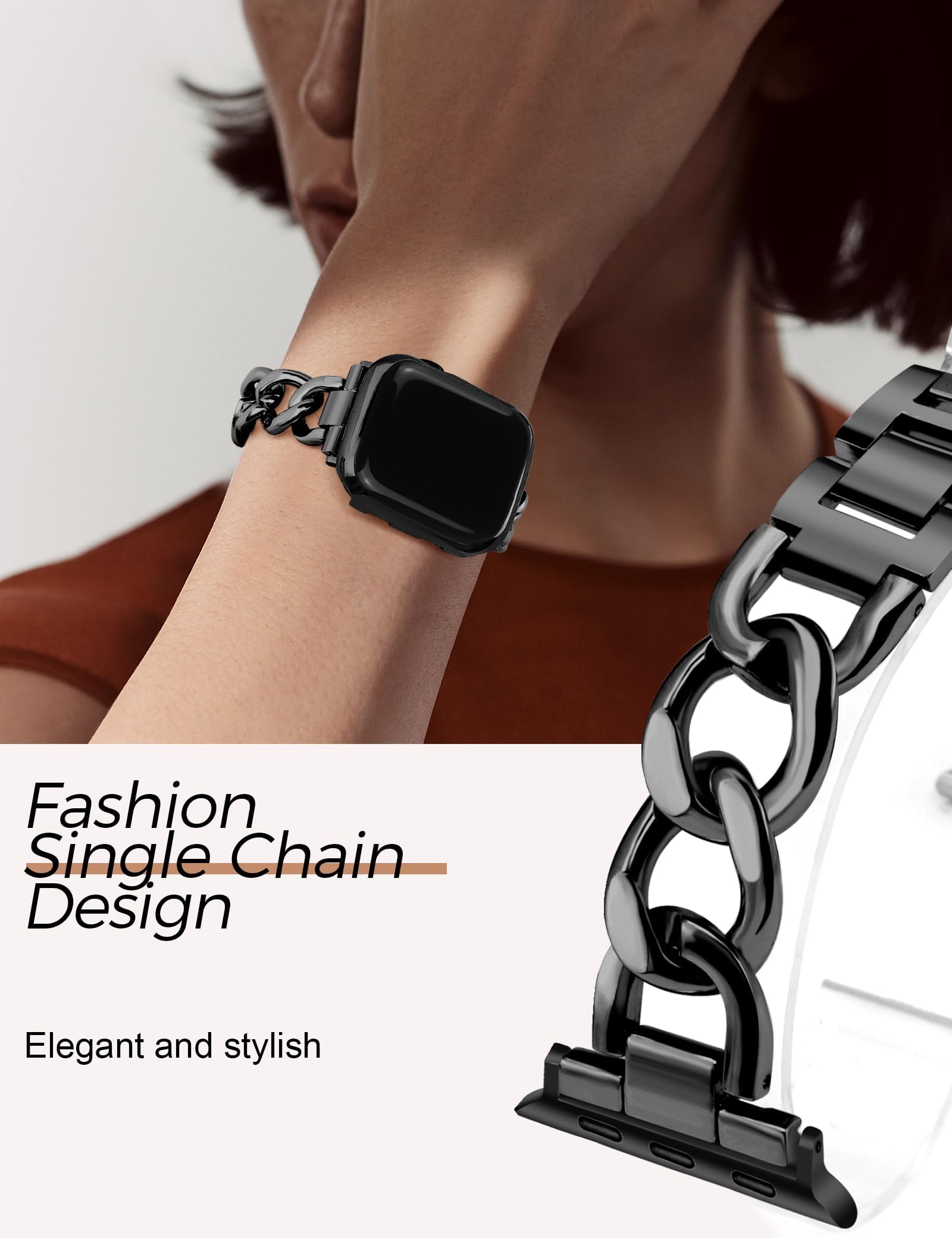 JR.DM Black Metal Watch Band for Women - Adjustable Cowboy Steel Chain Bracelet Compatible with Apple Watch 38mm 40mm 41mm 42mm (Series 10/9/8/7/6/5/4/3/2/1/SE) - Perfect for Work, Gym & Everyday Fashion Accessory