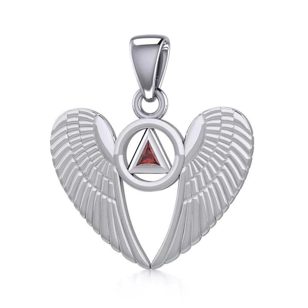 Angel Wings Sterling Silver Pendant with Inlaid Recovery Symbol - Elegant Jewelry for Healing & Inspiration - Perfect for Gifts, Recovery Milestones & Spiritual Wear