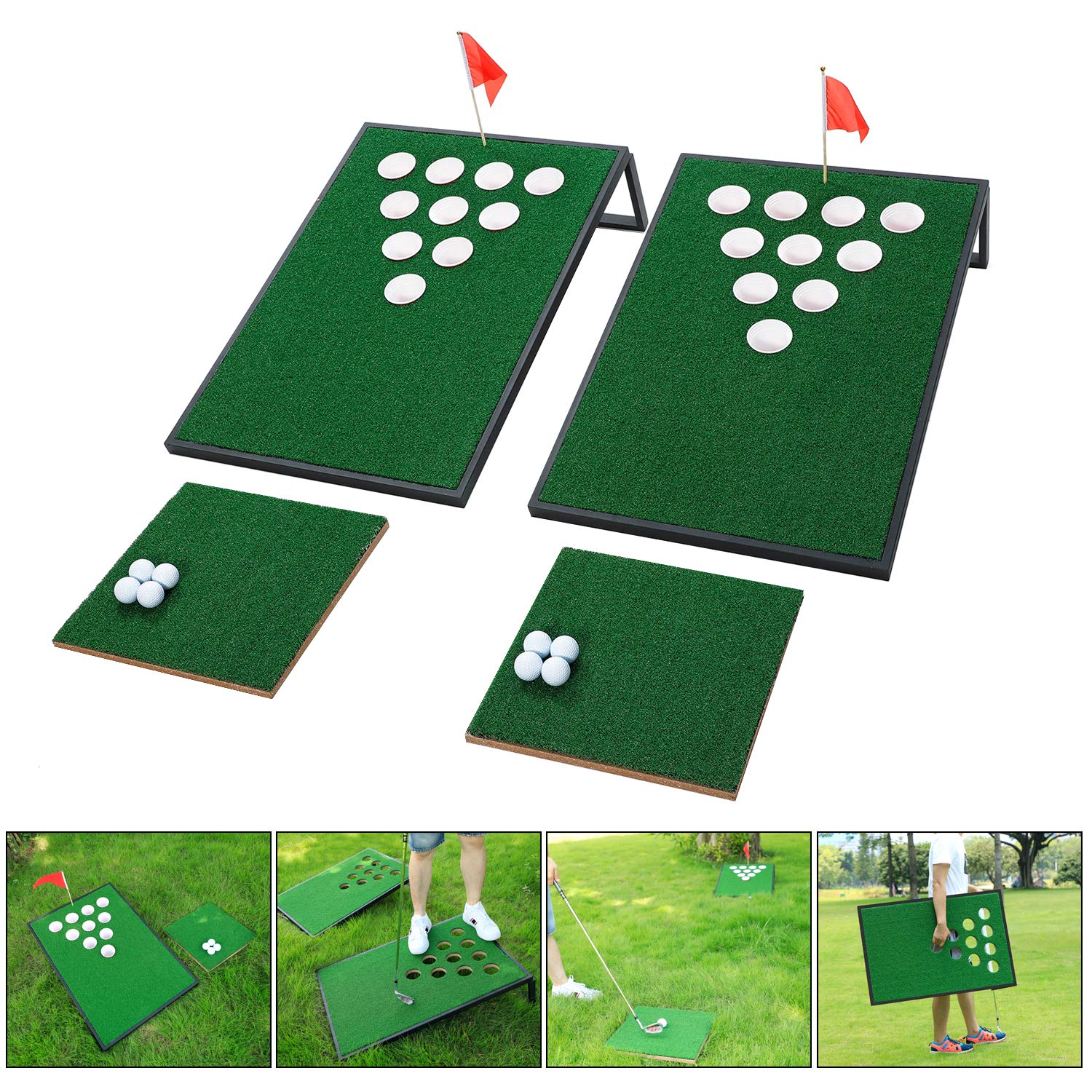 OOFIT Golf Cornhole & Pong Game Set with Chipping Mats & Golf Balls - Outdoor Yard Games for Tailgating, Backyard, Parties - Perfect Gift for Golfers, Family & Friends