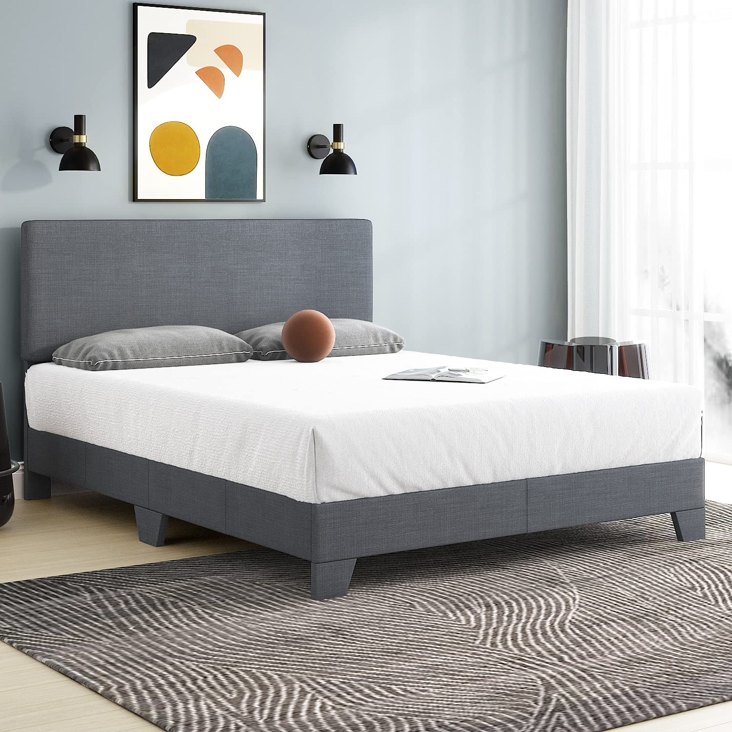 **Upgraded Upholstered Platform Bed Frame with Sturdy Wooden Slats - Full Size, Light Grey - Adjustable Headboard (3 Levels), No Box Spring Needed - Easy Assembly for Bedroom, Guest Room, or Dorm**