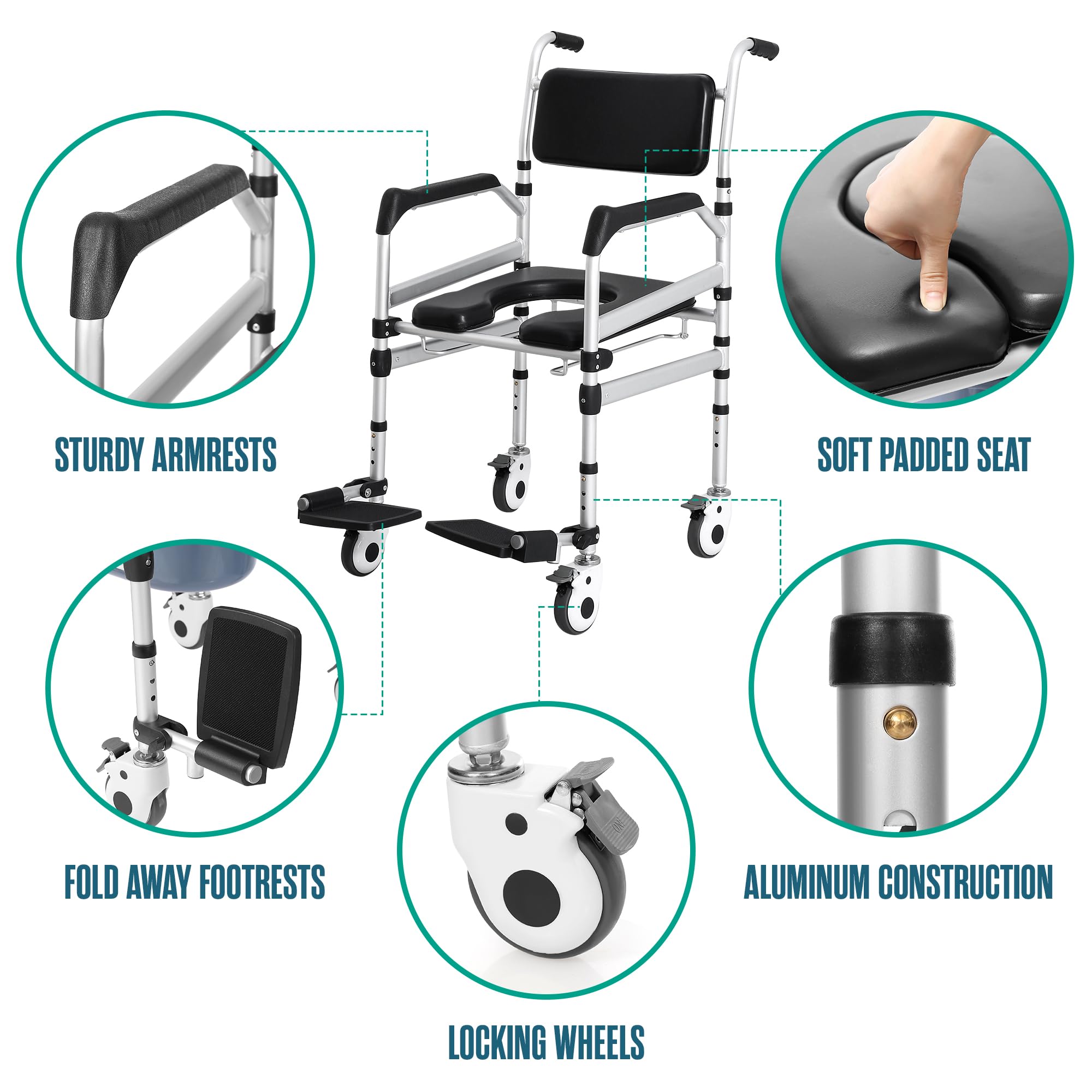 Houseables Adjustable Height Shower Chair with Wheels - Rolling Shower Wheelchair for Elderly & Handicap - Portable Bath Commode Chair for Safe Bathing & Bedside Toilet Use - Ideal for Seniors, Disabled & Post-Surgery Recovery at Home