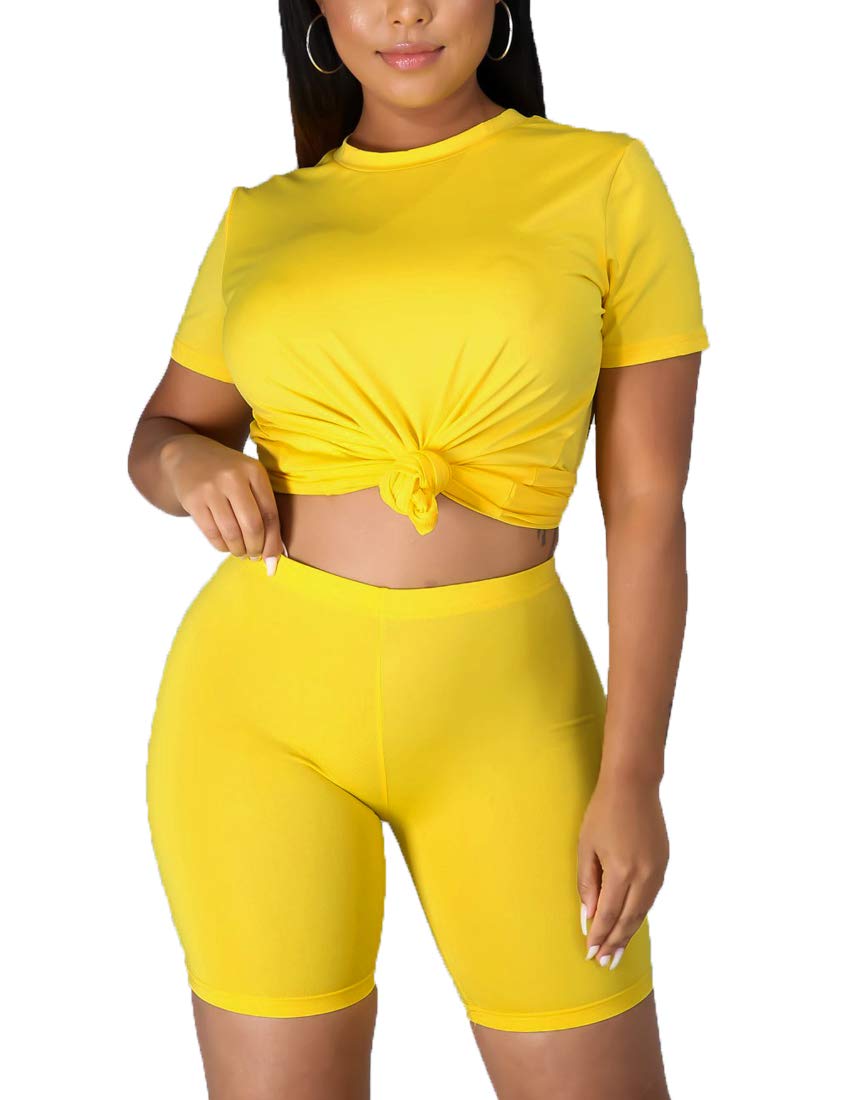 Kaximil Women's 2 Piece Outfit - Casual Short Sleeve T-Shirt & High Waisted Biker Shorts Set | Yoga, Gym, Running & Lounge Wear