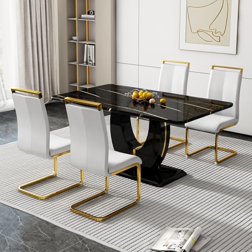 Black Table With 4 White Golden Chairs