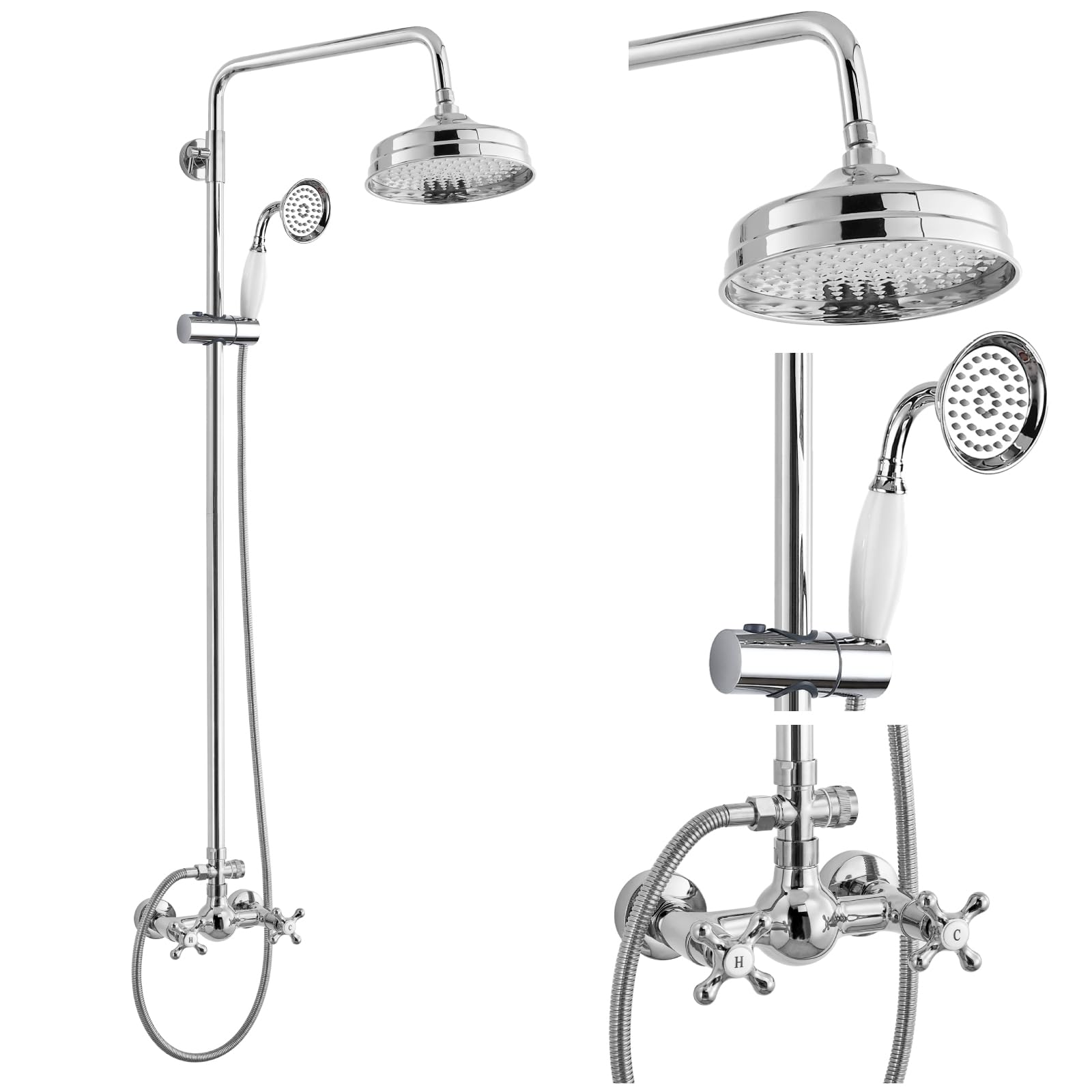 Luxury 8 Inch Wall Mount Rainfall Shower System with Handheld Spray - Polished Chrome Exposed Shower Faucet Set, Adjustable Straight Rod & Cross Double Handle for Modern Bathrooms | Perfect for Spa-Like Experience and Daily Relaxation