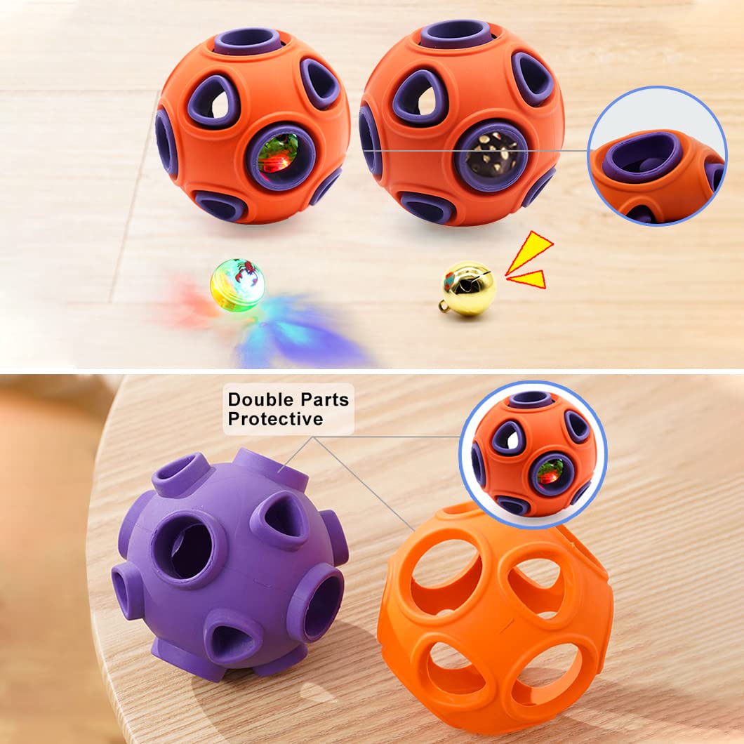 Rolin Roly LED Light Up Dog Ball - Flashing Interactive Chew Toy for Small Medium Large Dogs & Cats (Orange/Purple) - Durable Rubber Ball for Night Play, Training & Exercise