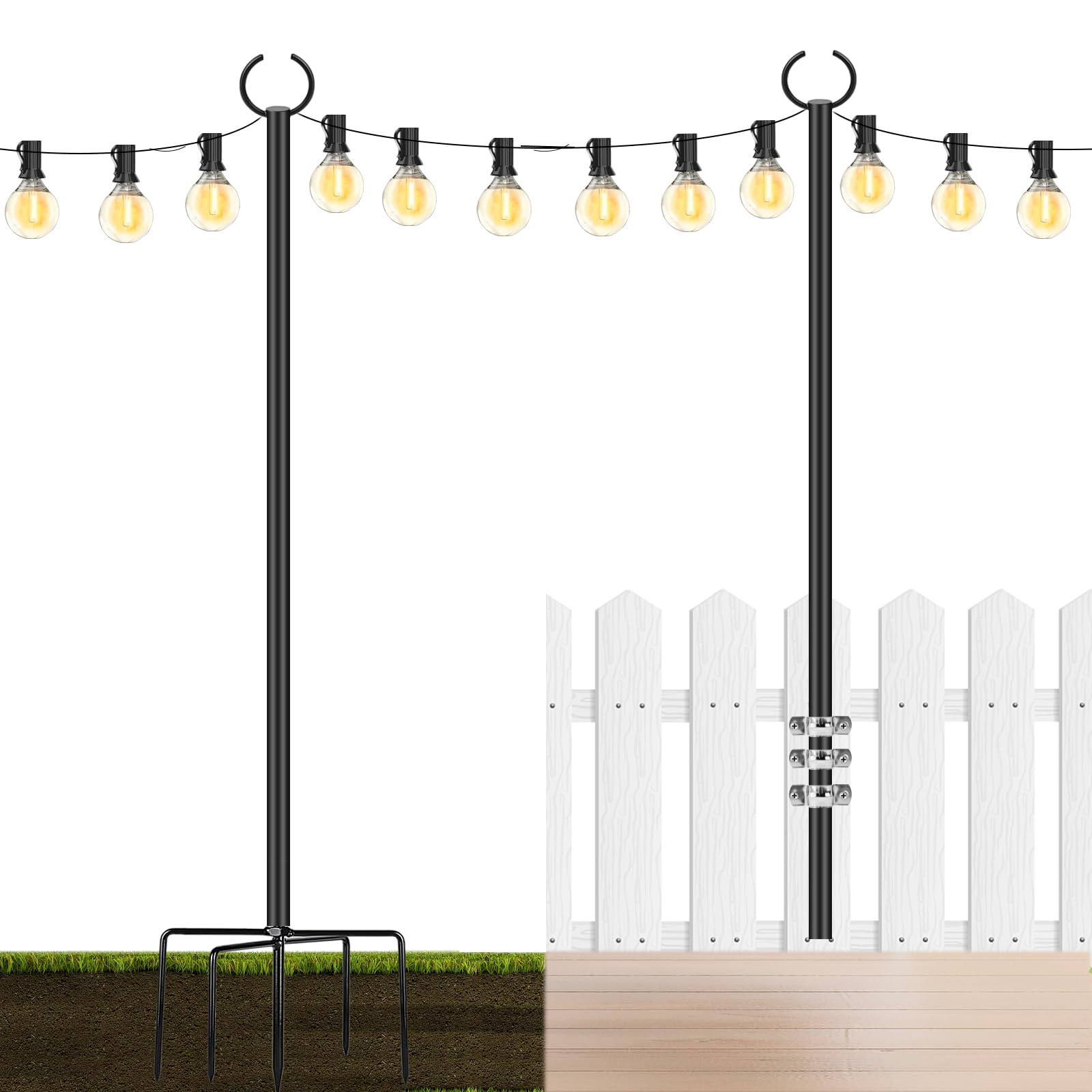 10.3FT Outdoor String Light Poles (2 Pack) - Heavy Duty Metal Hanging Light Stands with Hooks for Wedding, Party, Garden & Patio Decor - Perfect for Backyard, Deck, Fence & Outdoor Lighting