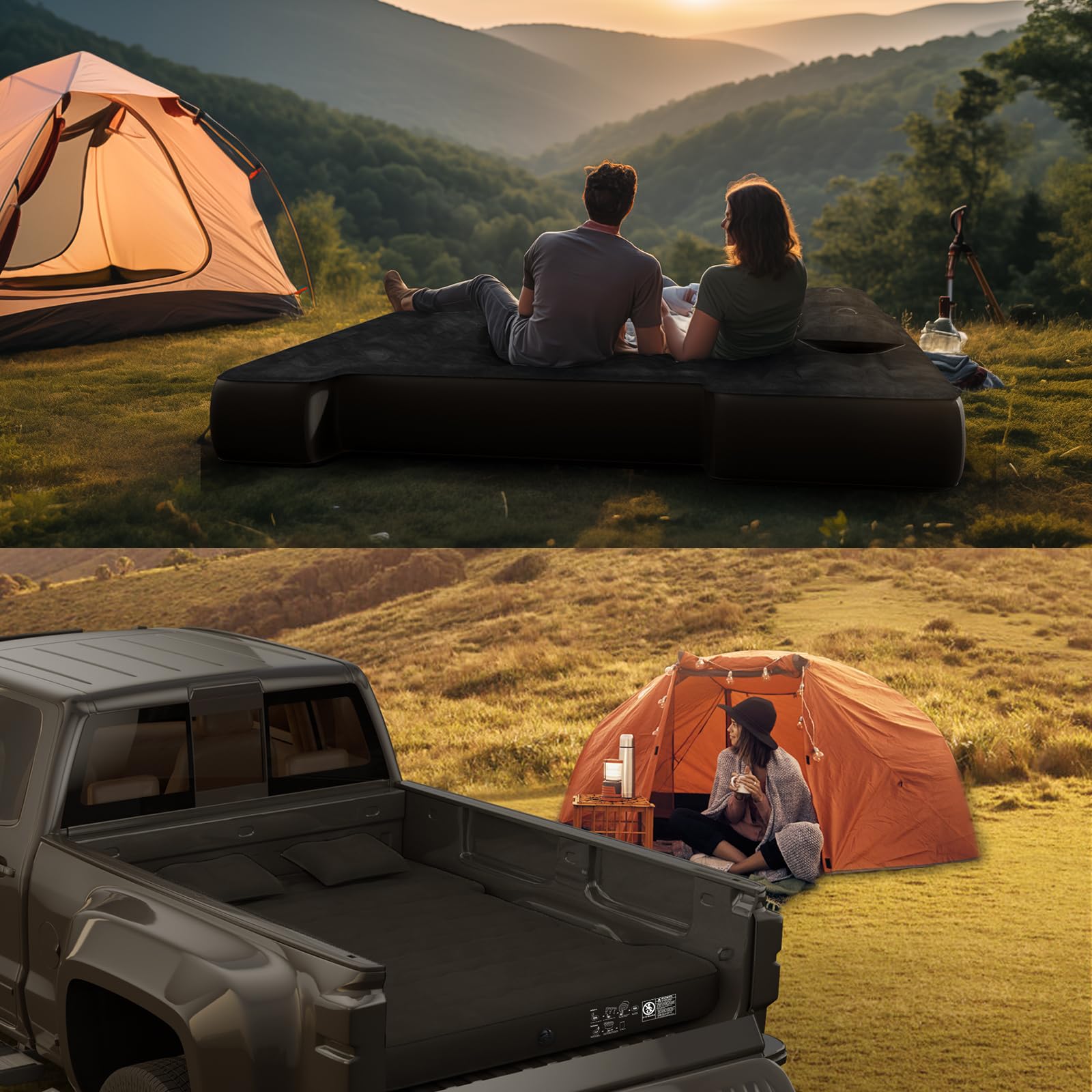 **Inflatable Air Mattress for Full Size 6.5ft Truck Beds - Fits Chevrolet Silverado, Dodge Ram, Ford - Includes Air Pump, 2 Pillows & Carry Bag - Perfect for Camping, Road Trips & Outdoor Adventures (Black)**