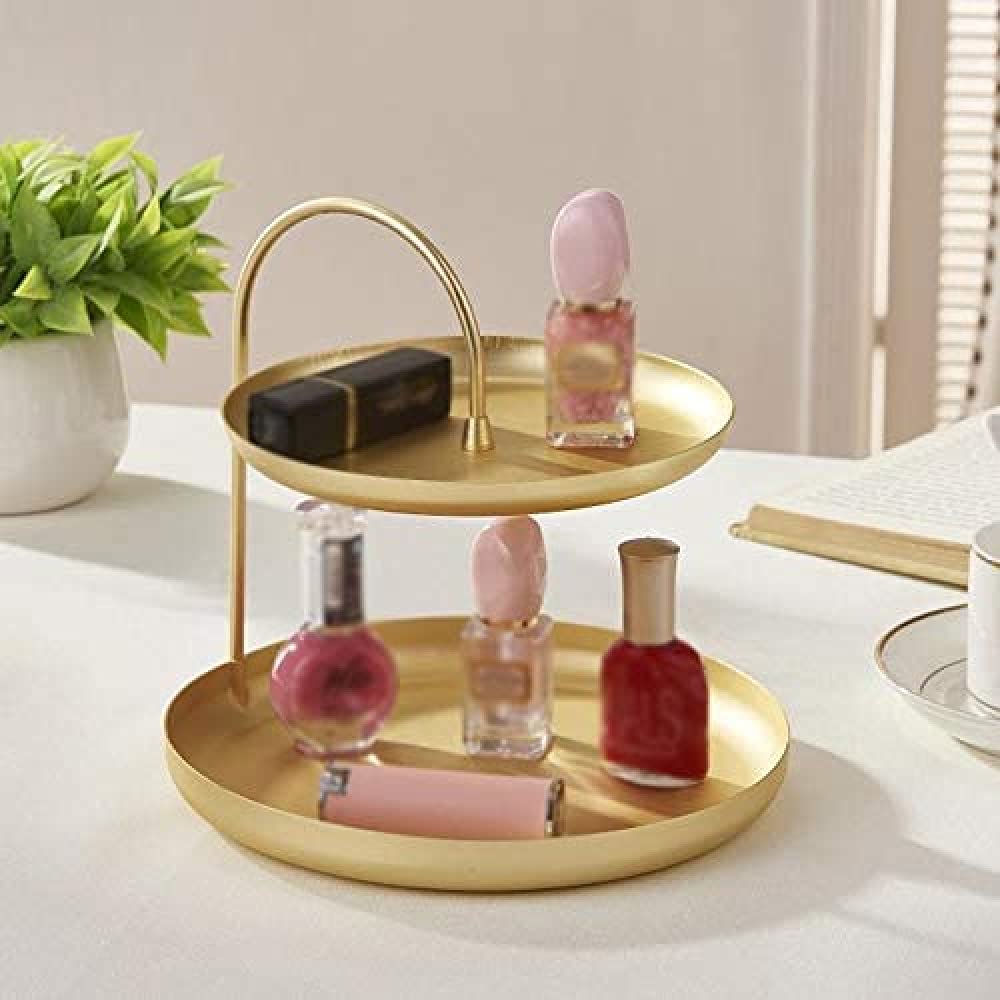 2-Tier Gold Metal Jewelry Tray Organizer - Double Layer Storage for Rings, Earrings, Necklaces & Lipsticks | Perfect for Vanity, Dresser, Travel & Gift Giving