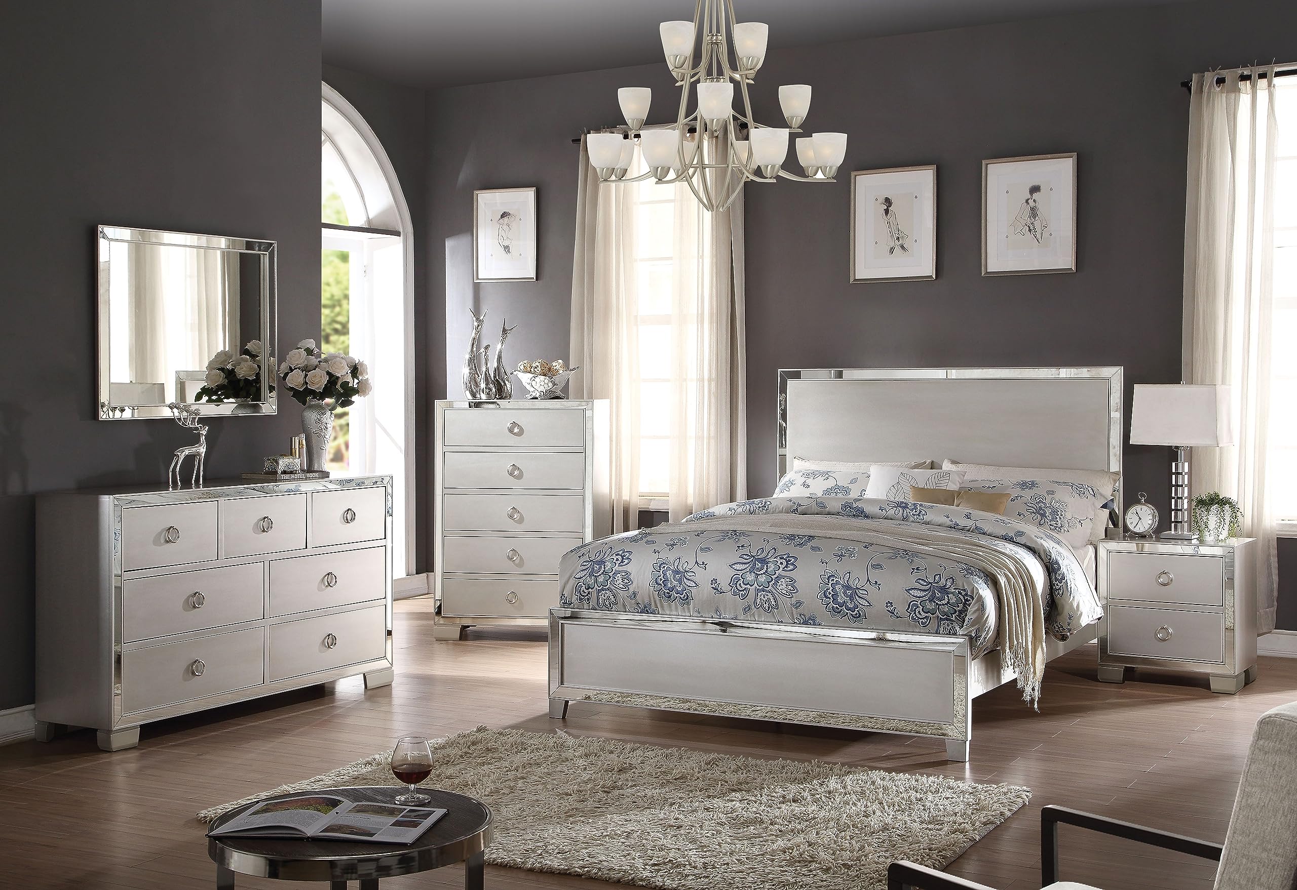 Acme Modern 5-Piece Bedroom Set - Eastern King Panel Bed with Dresser, Chest, Nightstands & Mirror (Platinum Finish) | Complete Luxury Bedroom Furniture | Perfect for Master Bedrooms & Guest Rooms