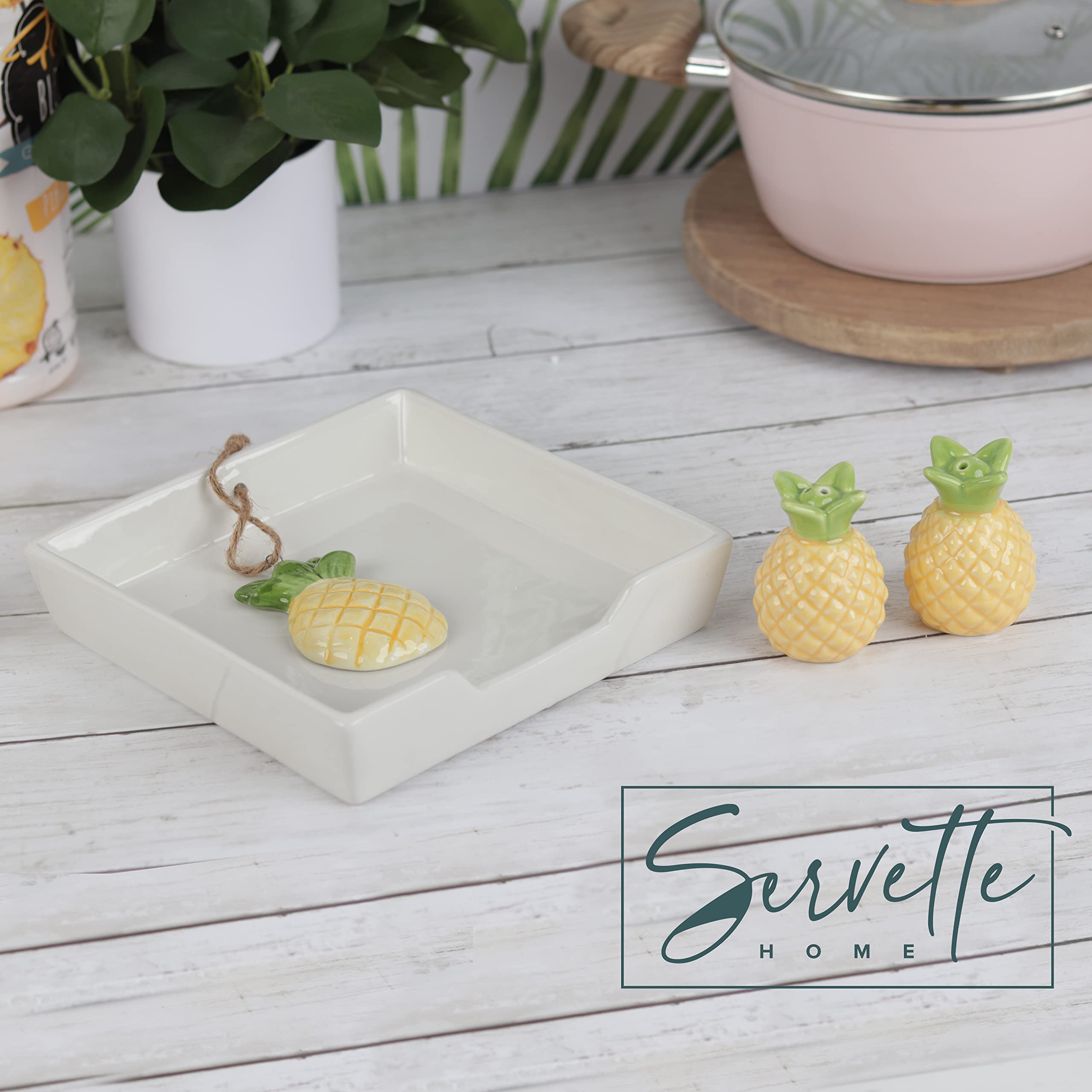 Ceramic Pineapple Napkin Holder and Salt & Pepper Shakers Set - Modern Kitchen Dining Table Decor for Restaurants, Home, and Party Use