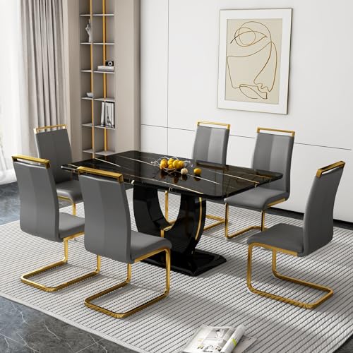 Black Table With 6 Dark Grey Golden Chairs