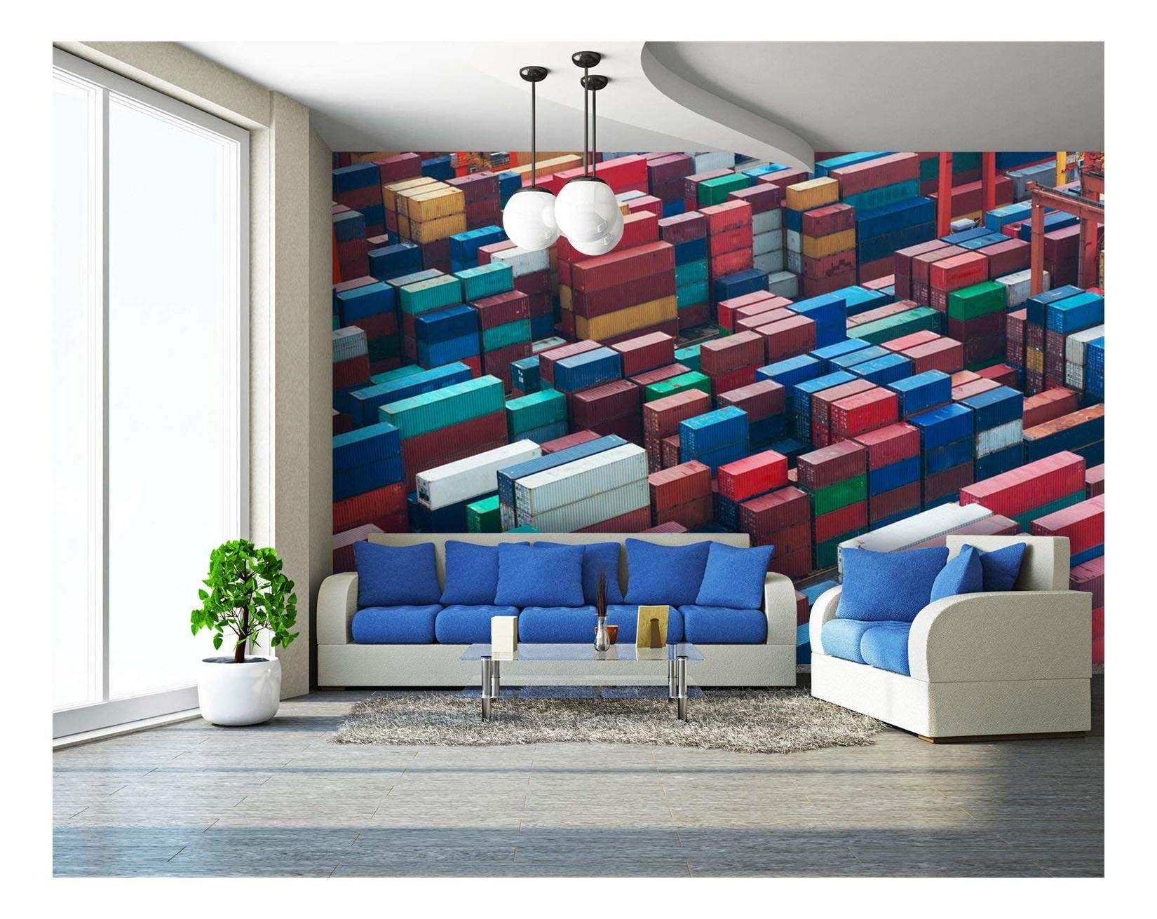 Wall26 - Large Removable Self-Adhesive Wall Mural of Hong Kong Sea Port Cargo Freight Containers - 100x144 Inches - Perfect for Home, Office, or Commercial Decor