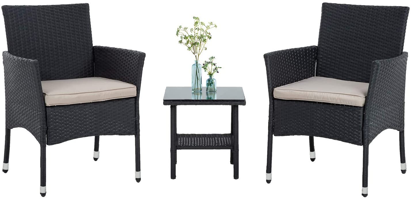 3-Piece Black Wicker Patio Furniture Set - Outdoor Rattan Chairs & Table for Backyard, Porch, Poolside, Lawn - Perfect for Relaxing, Entertaining & Dining Al Fresco