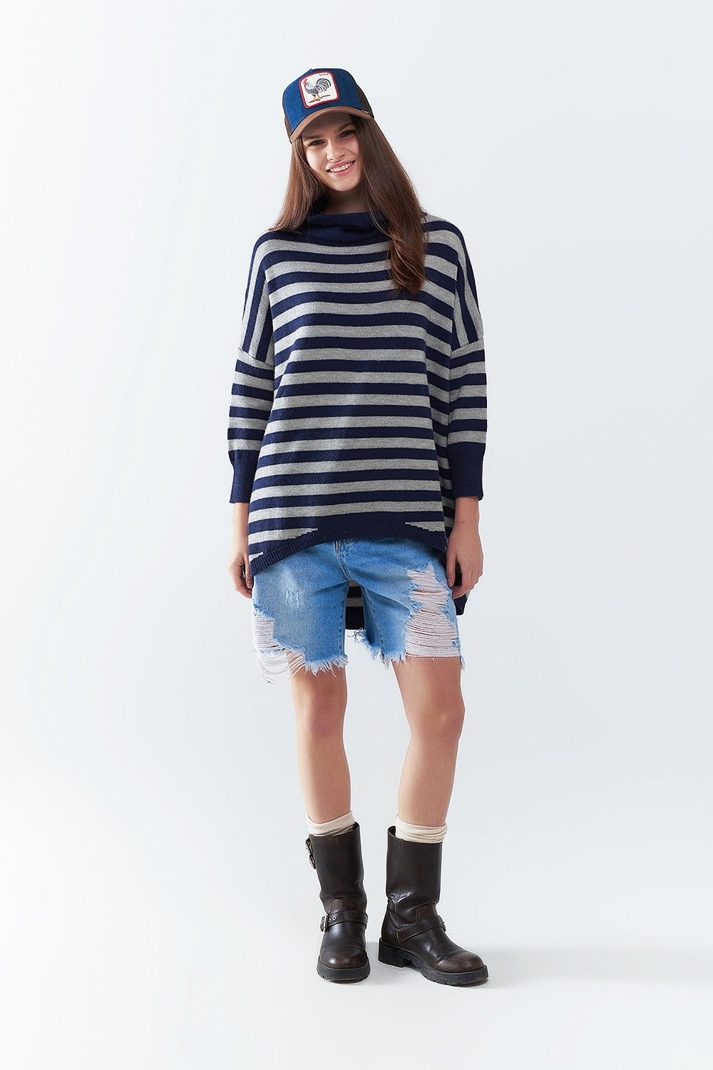Oversized Batwing Sleeve High Neck Pullover Sweater in Navy Blue & Gray Stripes - Perfect for Casual Outfits, Layering, and Cold Weather Fashion