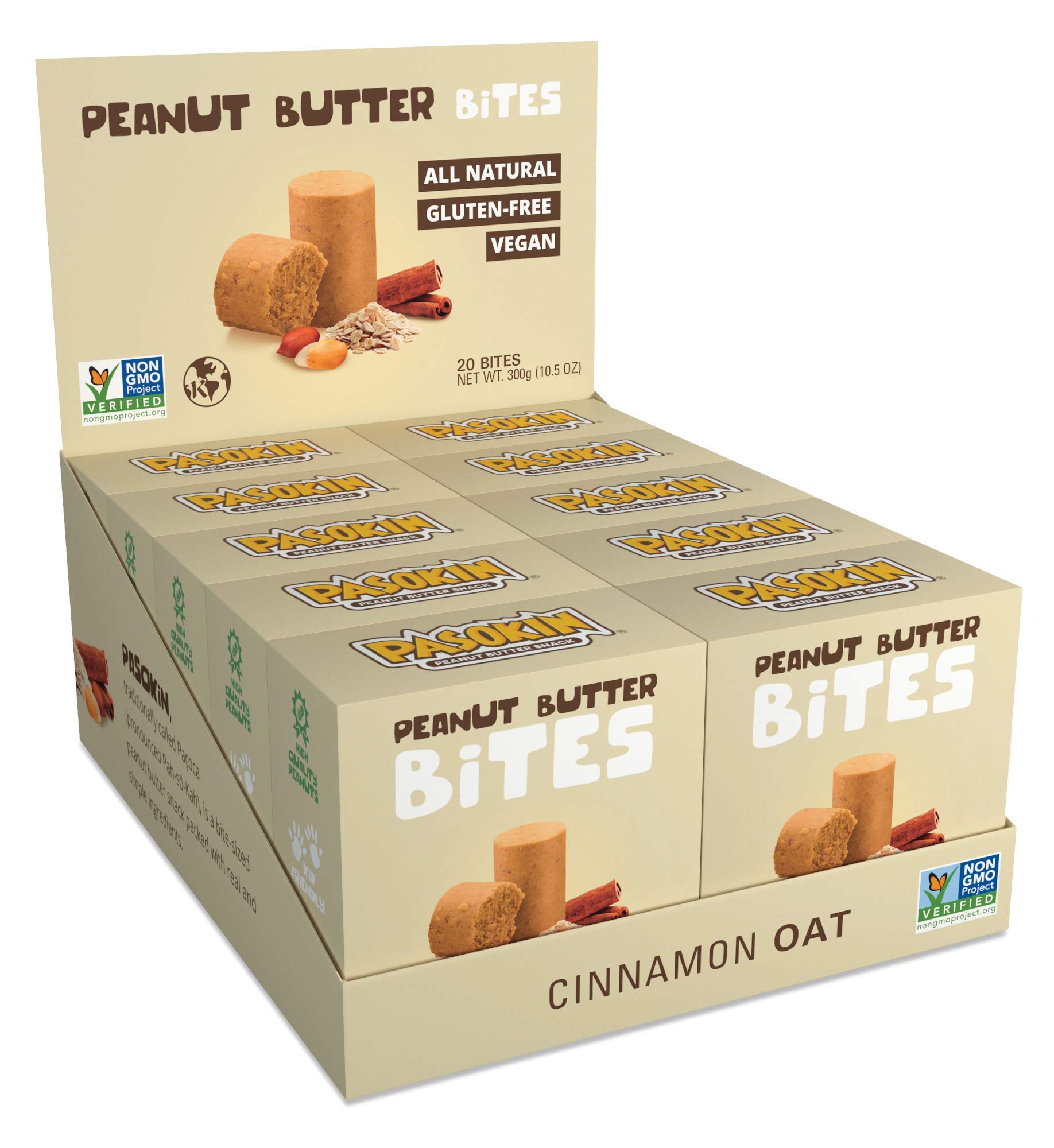 Pasokin Cinnamon Oat Peanut Butter Snack Bites - All Natural, Kosher, Gluten Free, Vegan Protein Snacks | USA Made Pacoca Peanut Treats (0.5oz, 20 Count) - Perfect for On-the-Go, Office Snacks & Healthy Desserts