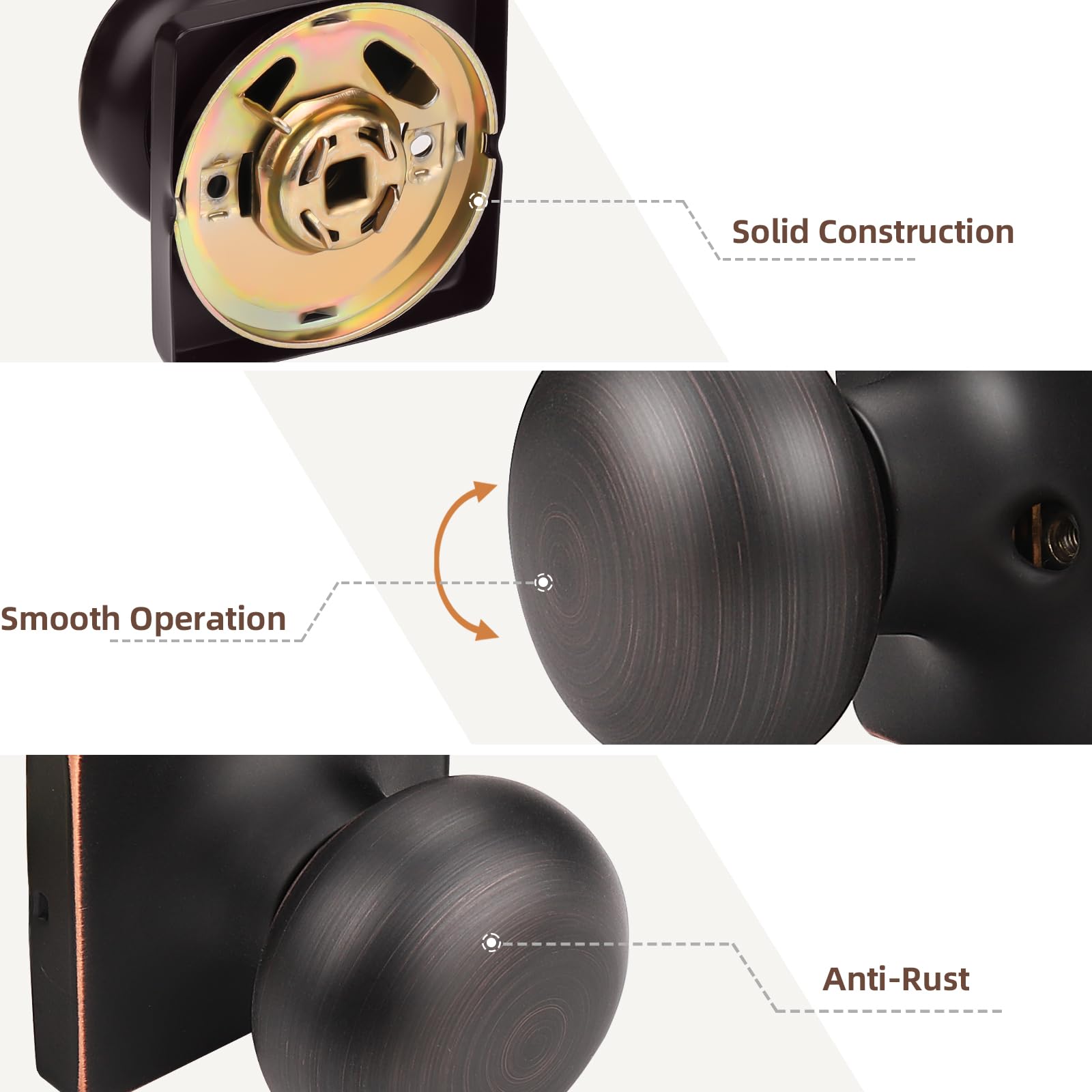 GOBEKOR 3 Pack Keyless Passage Door Knobs - Oil Rubbed Bronze Interior Door Knob with Lock, Stainless Steel Round Knob for Hallway, Bedroom & Closet - Easy Installation & Smooth Operation