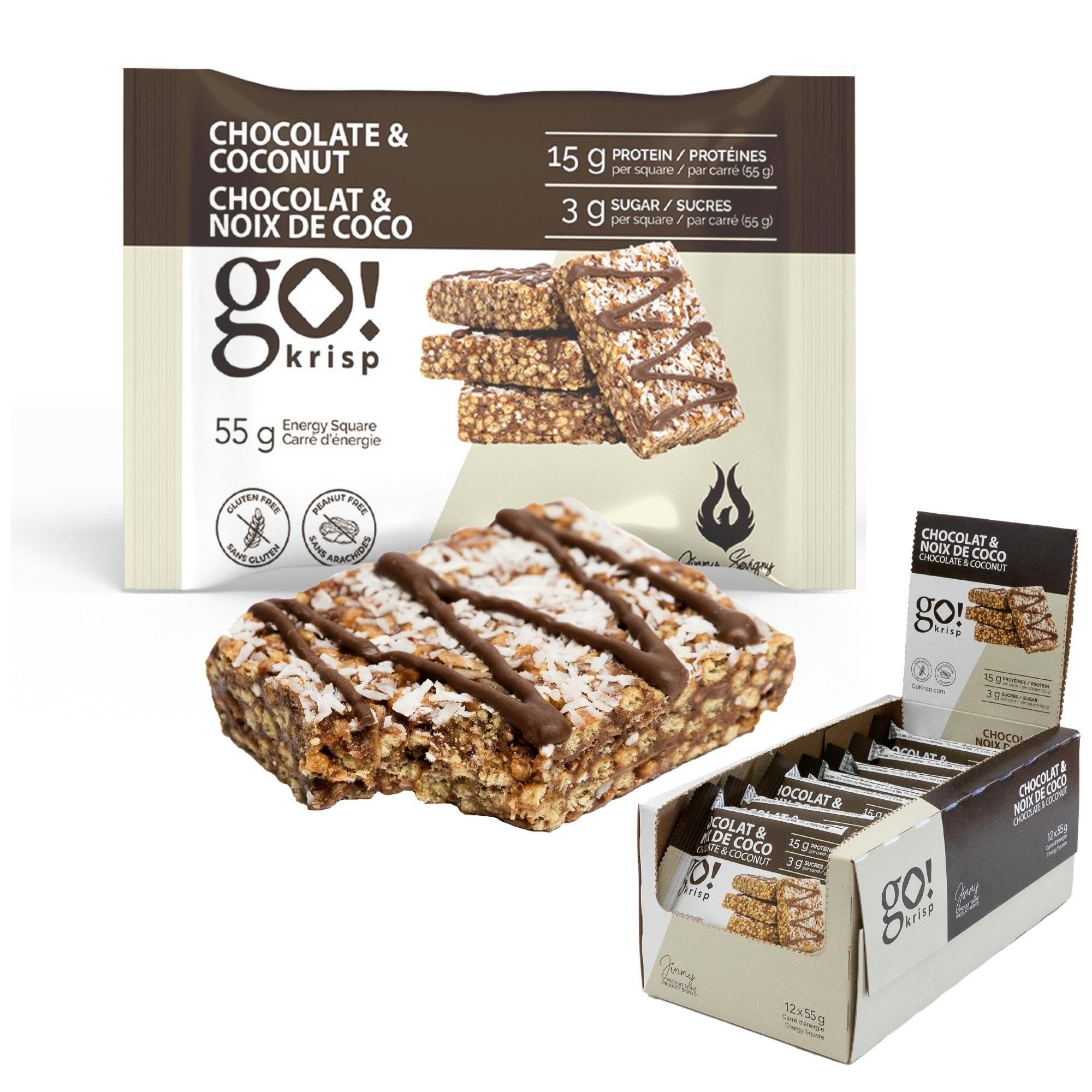 GoKrisp Energy Squares by Jimmy Sevigny - 12 Pack High Protein Pastry Snacks (15g Protein Each) | Delicious Chocolate Coconut Flavor | Nut-Free, Peanut-Free & Gluten-Free | Perfect for Gym, Hiking & On-the-Go Nutrition