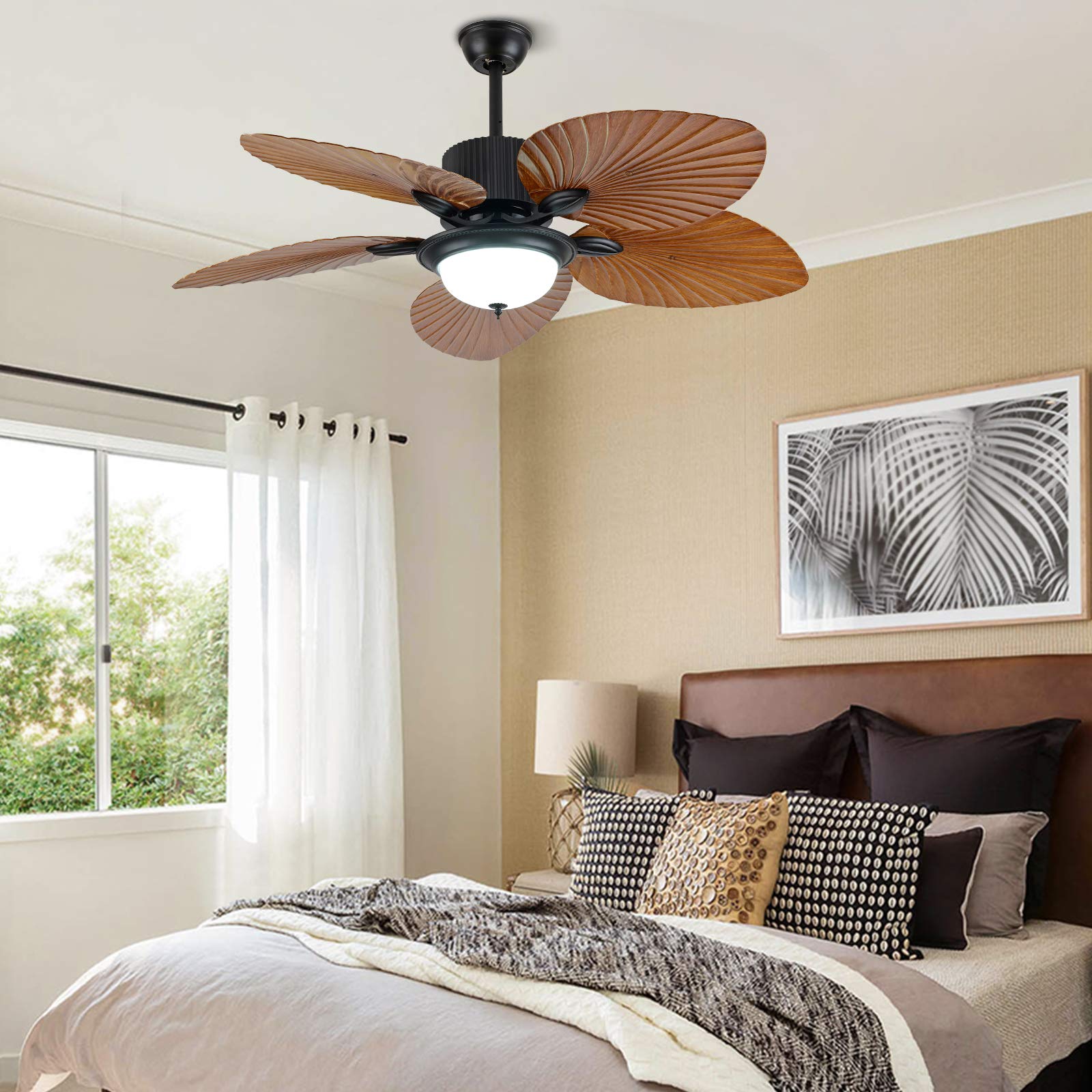 52 Inch Tropical Palm Leaf Ceiling Fan with Lights - 3 Speed Remote Control, 3-Light Fixture & 5 Blades - Premium Indoor/Outdoor Ceiling Fan for Home, Bedroom, Living Room, Restaurant & Patio Decor