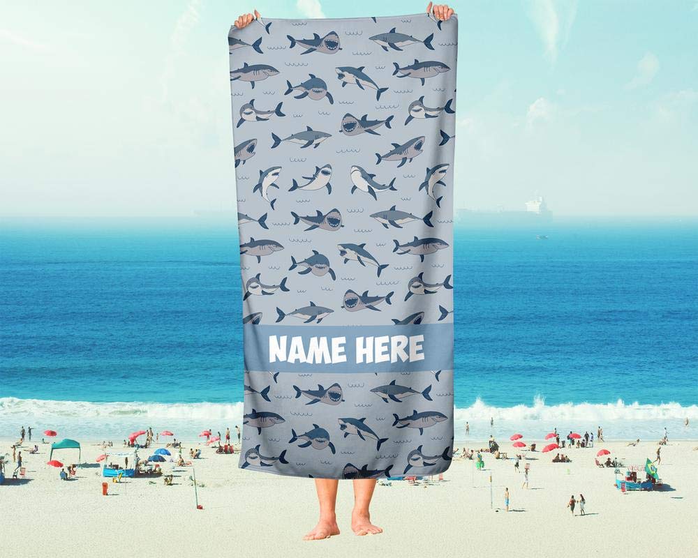 Custom Personalized Shark Pattern Beach Towel for Kids & Adults - Soft Absorbent Travel, Pool, Bath Towel for Toddler Baby Boys & Girls - Perfect for Swimming, Beach Trips, and Bath Time