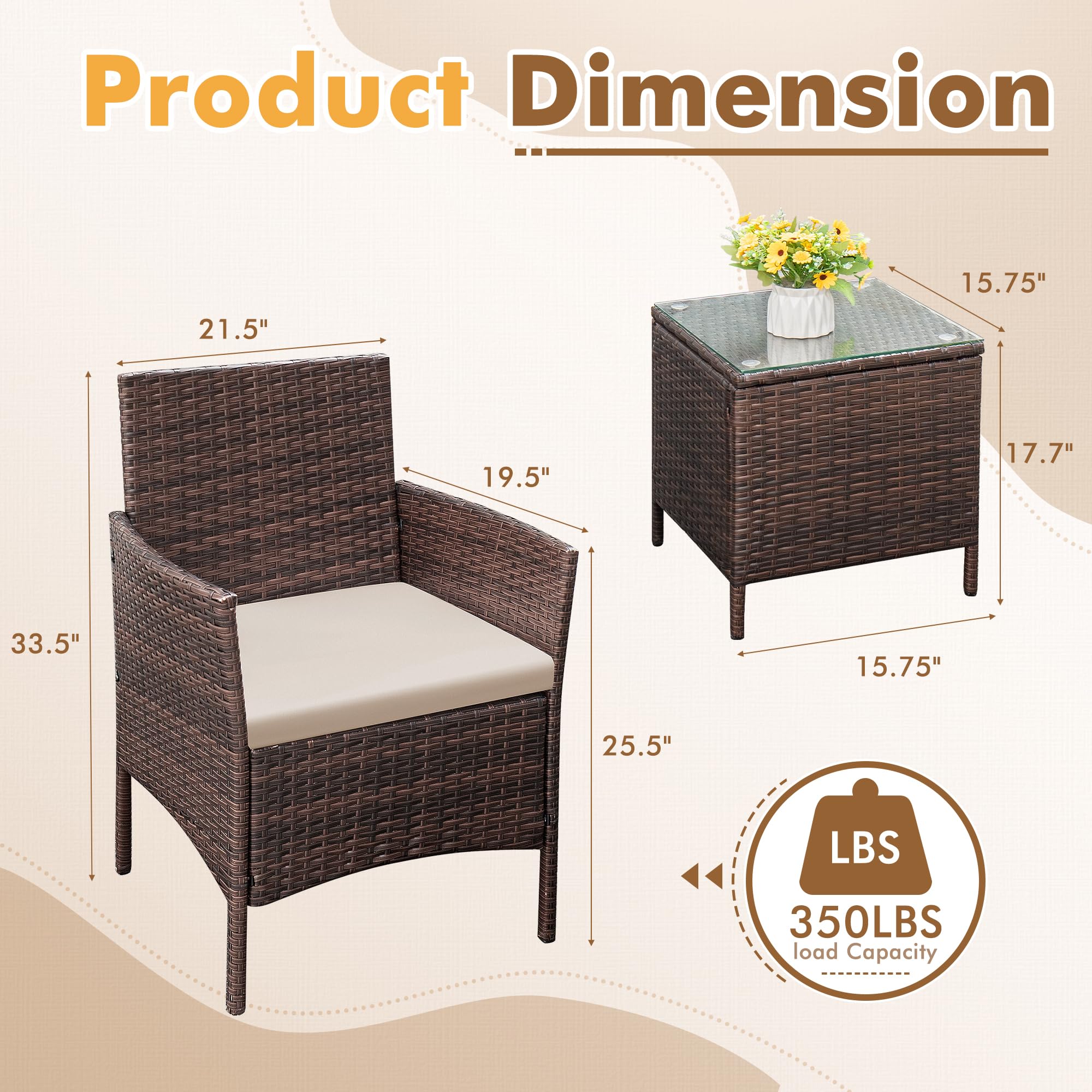 Flamaker 3-Piece All-Weather Rattan Patio Furniture Set with Tempered Glass Table - Outdoor Bistro Chairs for Porch, Balcony, Garden (Brown/Cream) - Perfect for Relaxing, Entertaining & Outdoor Dining