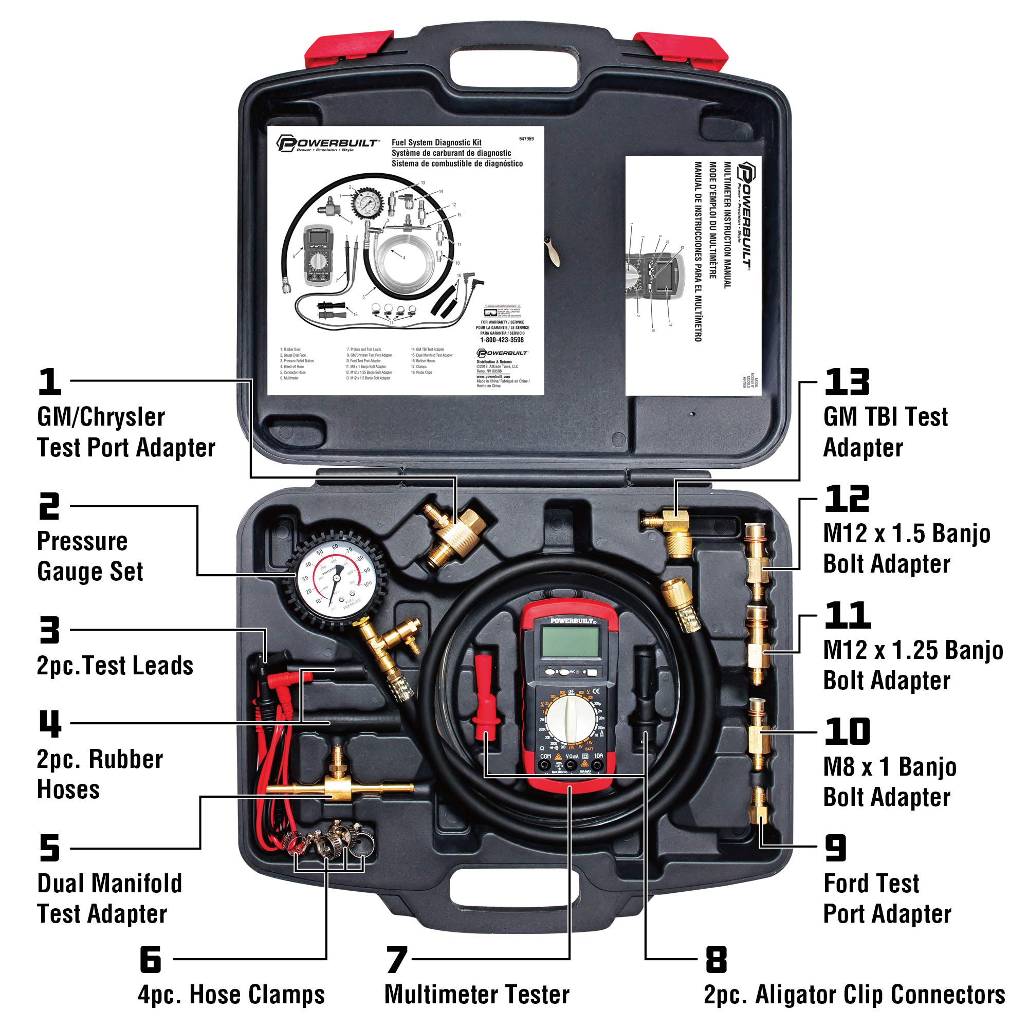 Powerbuilt 647959 Fuel System Diagnostic Kit with Pressure Test Gauge, Electrical System Tester, Adapters, Test Leads & Multimeter - Complete Automotive Diagnostic Toolset for Engine Performance Testing & Electrical Issues (Ideal for Mechanics & DIY Car Repairs)