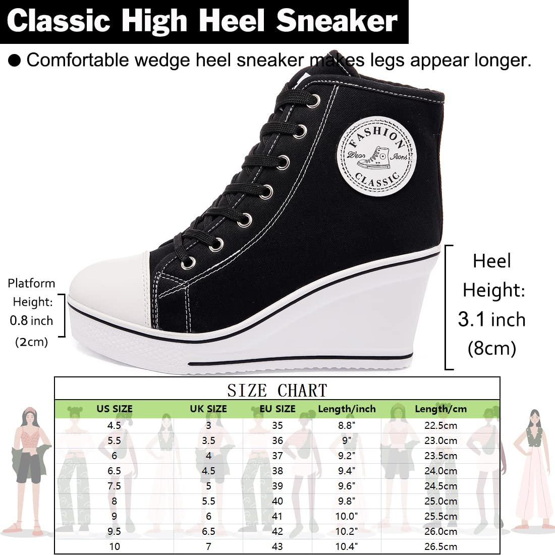 Mei MACLEOD Women's High Top Canvas Wedge Sneakers - Comfortable Lace Up High Heel Shoes for Teen Girls & College Students | Casual Wear, Campus Fashion, Everyday Outfits