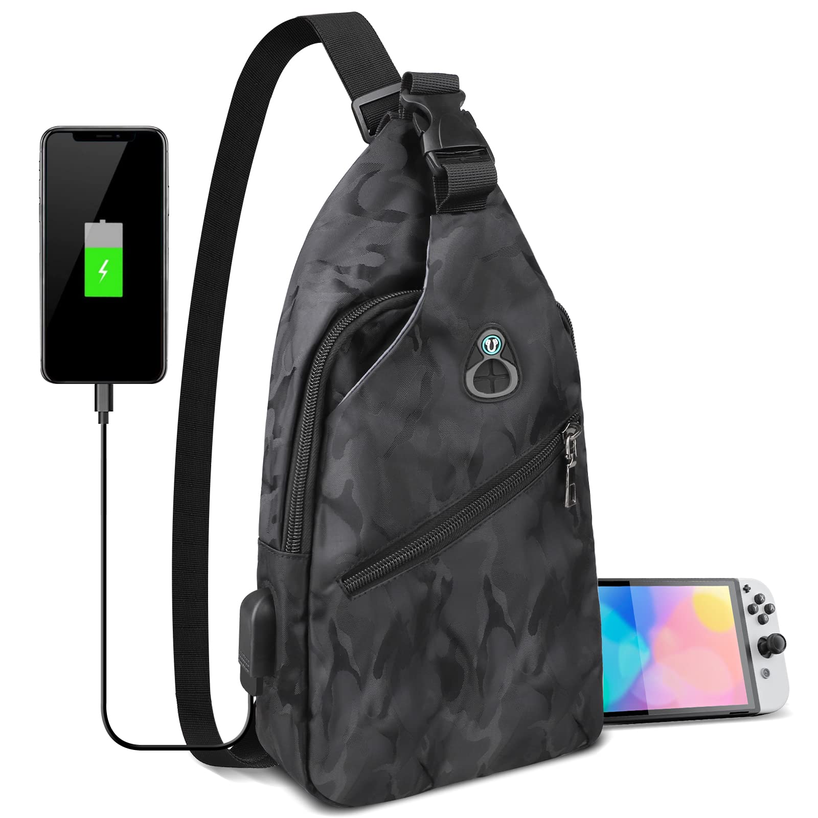 Nintendo Switch/Lite/OLED Sling Crossbody Backpack - Waterproof Portable Shoulder Bag for Console, Dock & Joy-Cons with USB Charging Port - Perfect for Travel, Commuting & Gaming On-The-Go (Black)