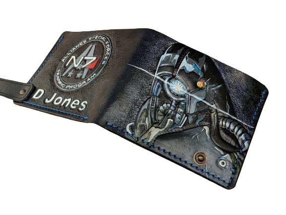 Mass Effect Legion & Garrus Vakarian Men's Genuine Leather Bifold Wallet - Handmade 3D Carved & Tooled Custom Wallet with Airbrush Art - Perfect Gift for Gamers & Sci-Fi Fans