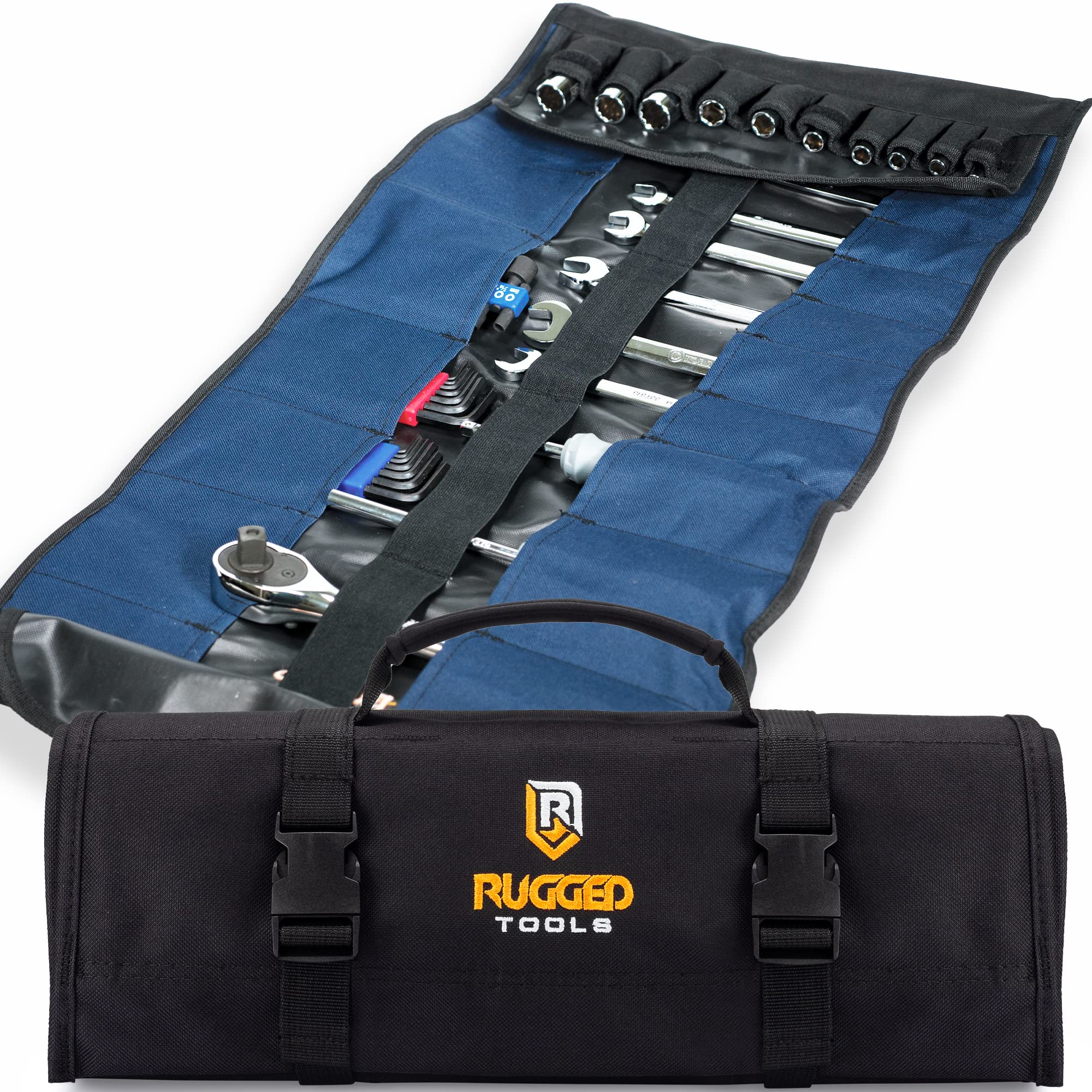 Rugged Tools 32 Pocket Heavy Duty Tool Roll Organizer - Wrench Roll Pouch with 10 Socket Holders | Durable Tool Bag for Electricians, HVAC Technicians, Plumbers, Carpenters & Mechanics | Perfect for Workshop, Job Site & Vehicle Tool Storage