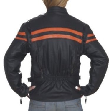 Women's Vented Leather Motorcycle Jacket with Orange Stripes - Breathable Biker Jacket for Riding & Street Fashion