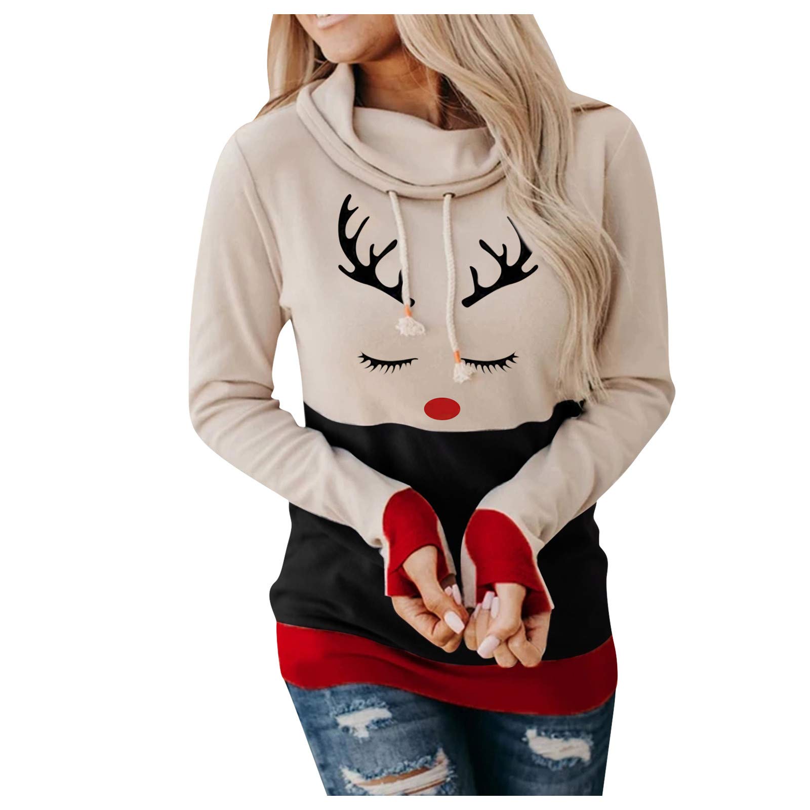 Wocahi Christmas Hoodies for Women - Patchwork Color Block Cowl Neck Pullover, Casual Floral Printed Hooded Sweatshirt, Cheap Boyfriend Style Thanksgiving Sister Wife Tops for Holiday Gifts & Winter Outfits