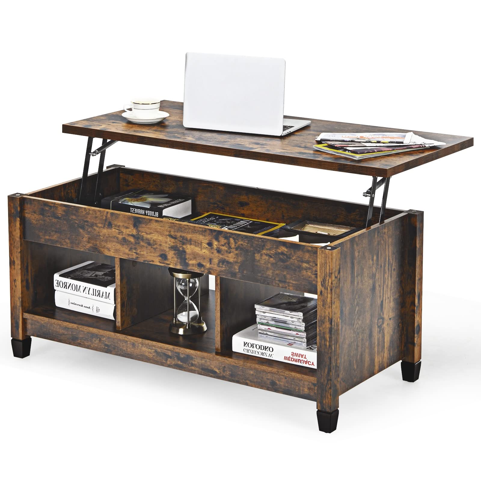 Modern Lift Top Coffee Table with Hidden Storage & Open Shelf - Rustic Brown Moccha Wood Cocktail Table for Living Room, Office, Reception - Pop-Up Tabletop for Laptop Use, Extra Storage Space