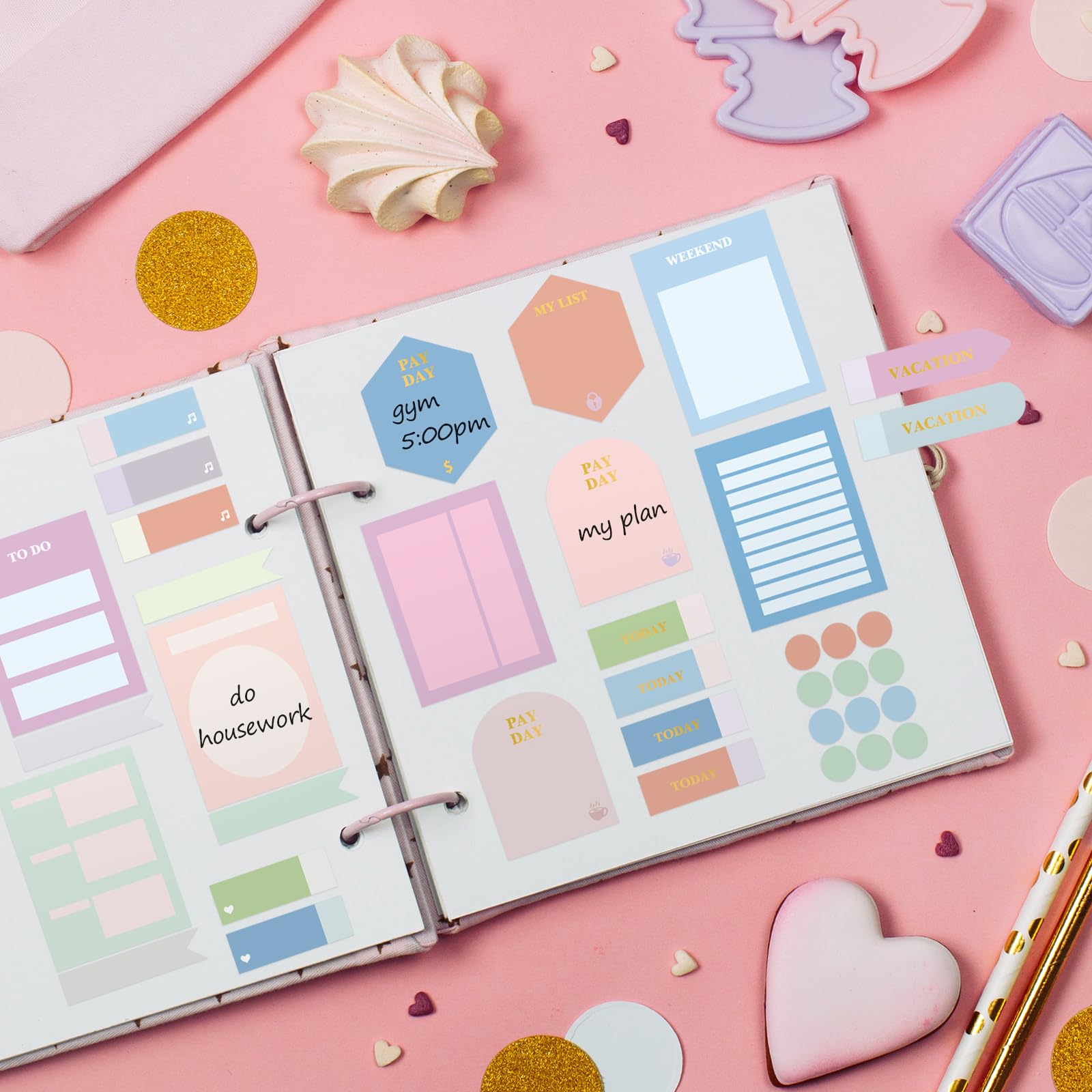 Pastel Planner Stickers Set - 24 Sheets Mixed Metallic Functional & Elegant Stickers with Free Tweezer for Bullet Journals, Scrapbooking & Budgeting (Cute Color Collection) - Perfect for DIY Planning, Gift Wrapping & Home Organization
