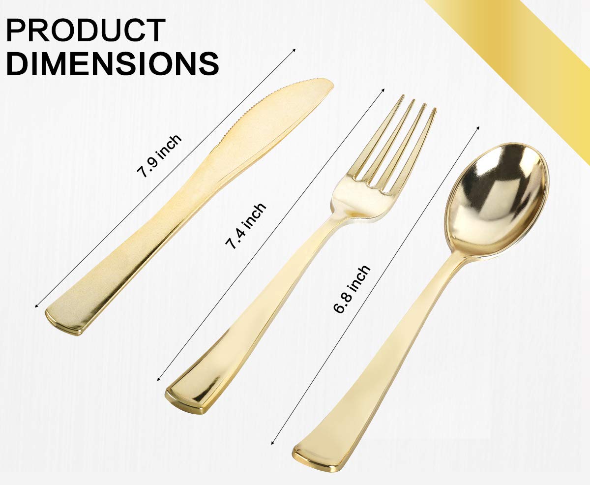175-Piece Gold Disposable Dinnerware Set - 50 Gold Rim Plastic Plates, 25 Gold Plastic Silverware, 25 Gold Plastic Cups & 25 Gold Paper Napkins - Elegant Party Tableware for Weddings, Birthdays & Special Events