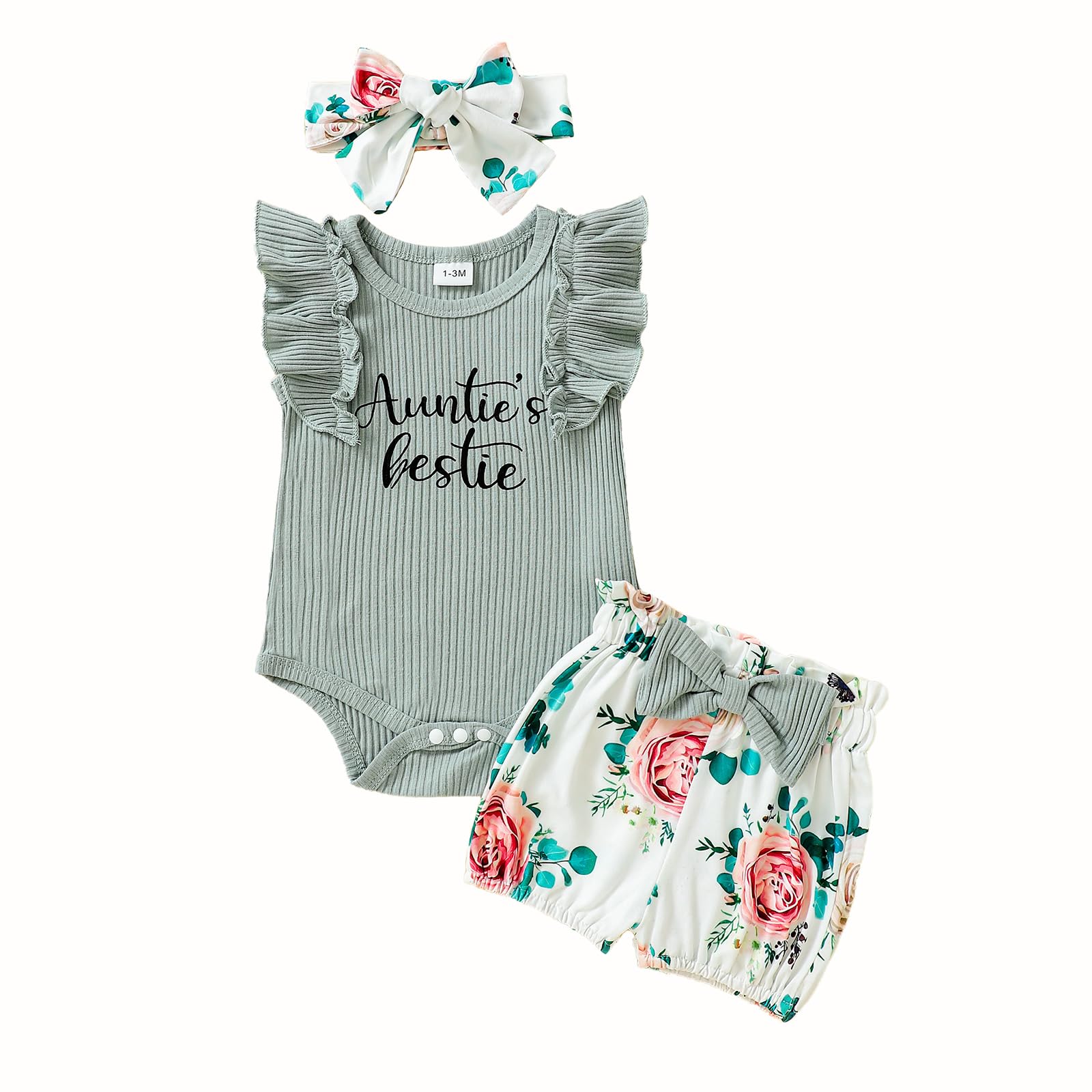 Adorable Baby Girl Outfits - Ribbed Sleeve Romper & Floral Shorts Set for Newborns | Perfect for Playtime, Photo Shoots & Special Occasions
