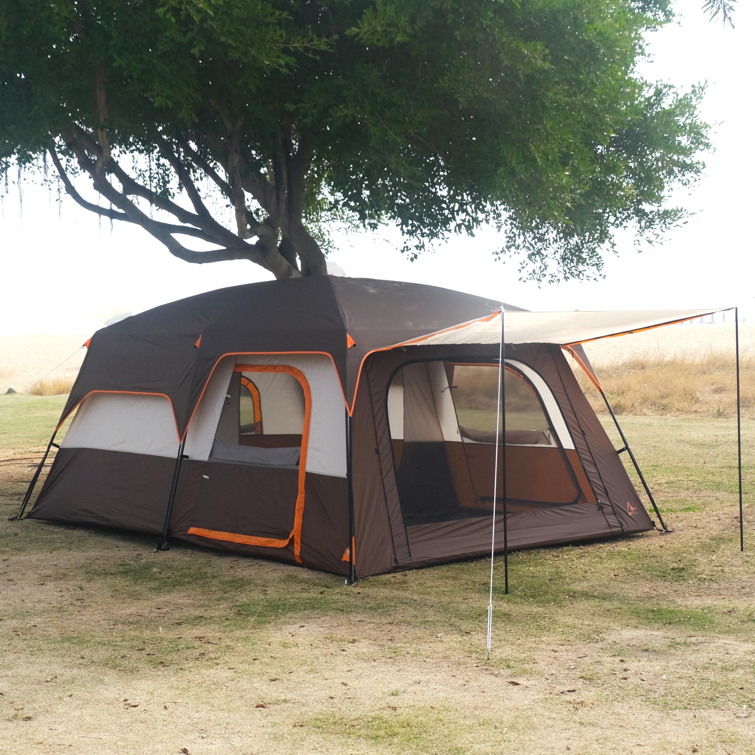 KTT Extra Large Family Cabin Tent for 10-12-14 People - 2 Rooms, 3 Doors & 3 Windows with Mesh, Straight Wall Design, Waterproof Double Layer - Perfect for Camping, Picnics, Outdoor Adventures & Family Gatherings