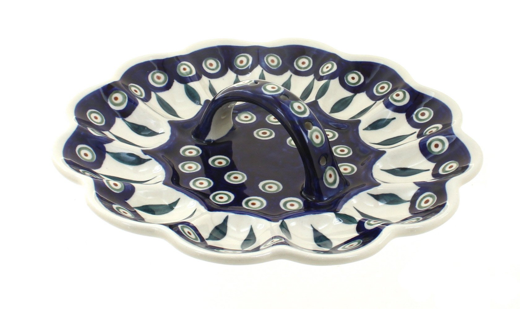 Handmade Blue Rose Polish Pottery Peacock Egg Plate - Elegant Decorative Serving Dish for Easter, Home Decor, and Special Occasions