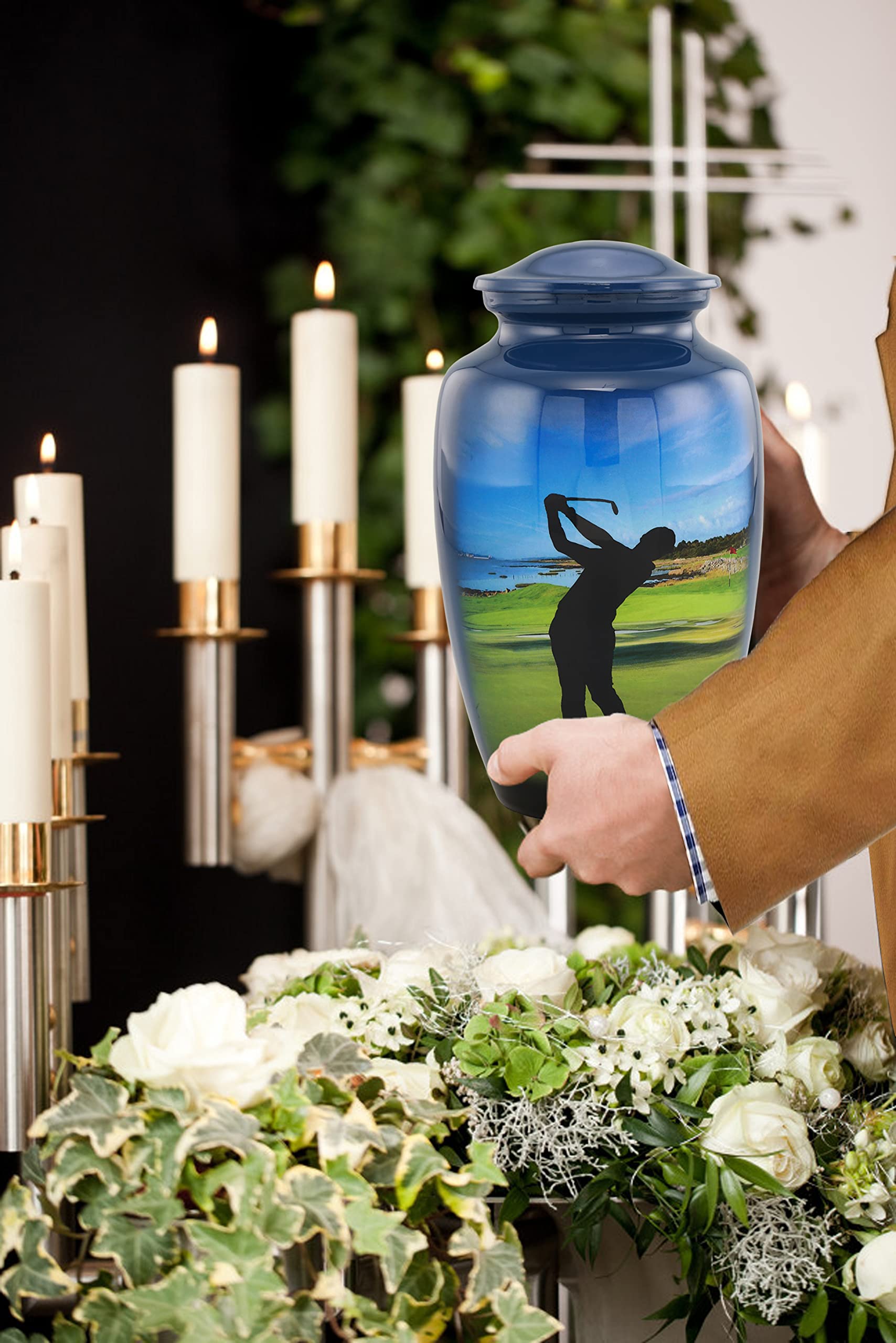 Golf Cremation Urn for Ashes - Hand Painted Classic Golfer Memorial Urn with Velvet Bag (Large) - Perfect for Honoring Golf Lovers & Displaying at Home or Memorial Services