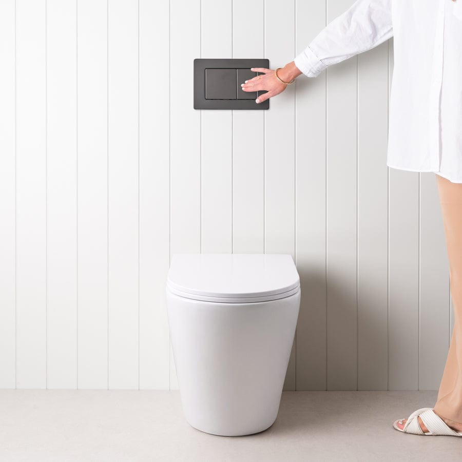 Angled In-Wall Toilet with Rectangle Matte Black Buttons - Modern Space-Saving Bathroom Solution for Small Homes and Apartments