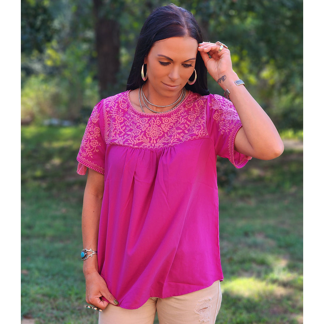 Andree Women's Magenta Embroidered Blouse - Elegant Floral Embroidered Tops for Women, Casual & Party Wear, Perfect for Office, Date Night and Special Occasions