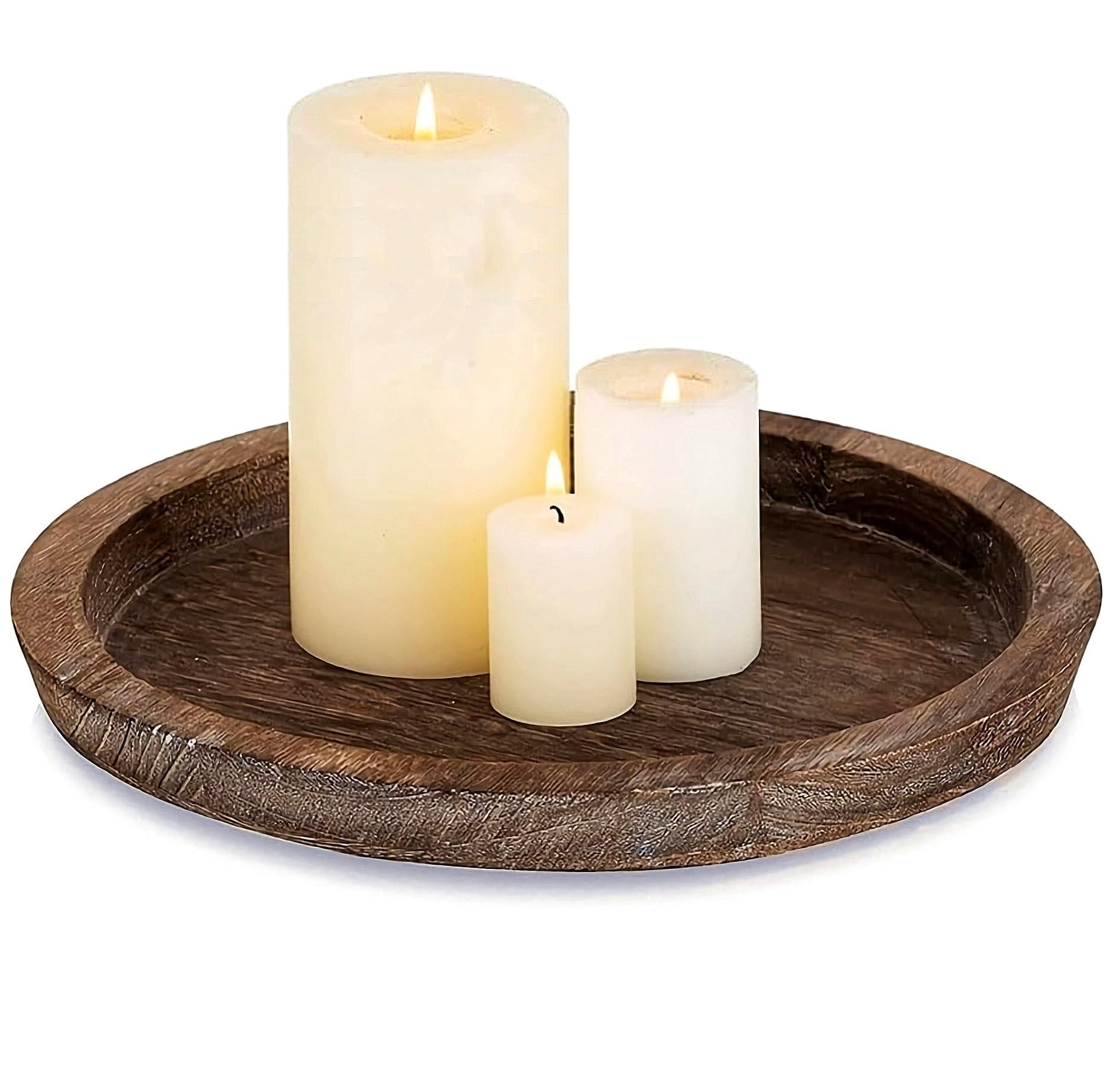 Round Wooden Serving Tray - Rustic Farmhouse Decor for Dining Table Centerpiece | 11