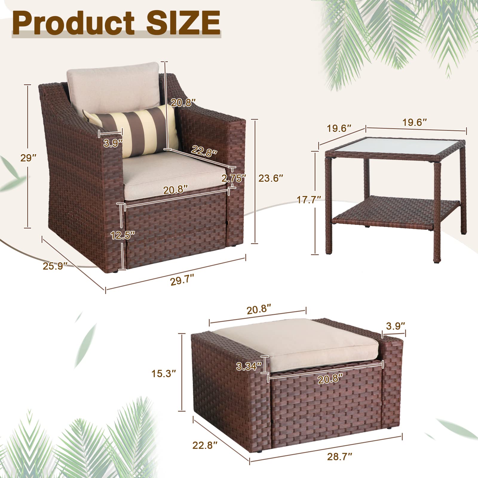 SOLAURA 5-Piece Outdoor Patio Furniture Set - Brown Wicker Lounge Chairs with Ottoman Footrest, Coffee Table & Beige Cushions for Garden, Backyard, Deck or Balcony - Perfect for Relaxing, Entertaining & Outdoor Lounging